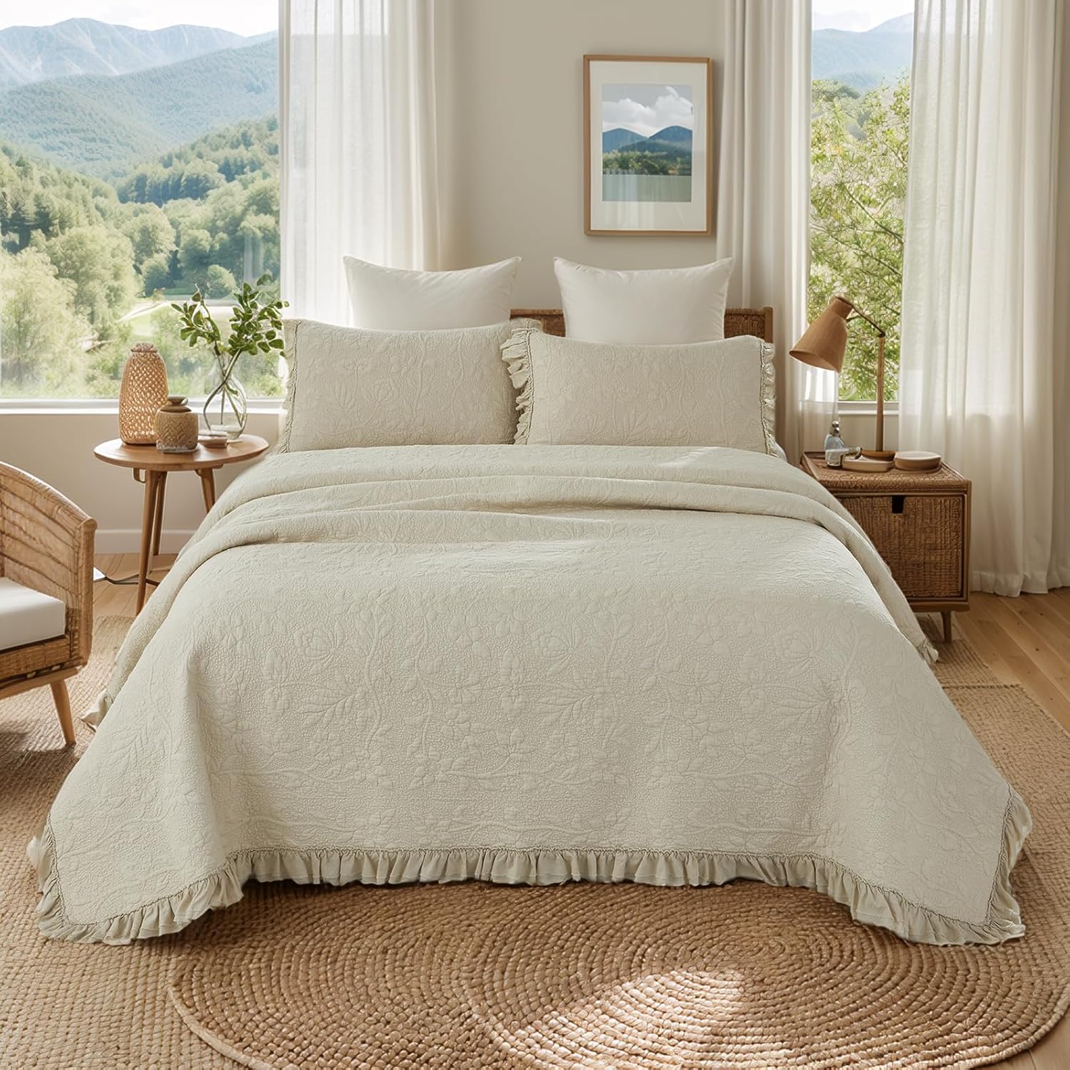 Brandream Queen Quilt Set 3-Piece Cotton Beige