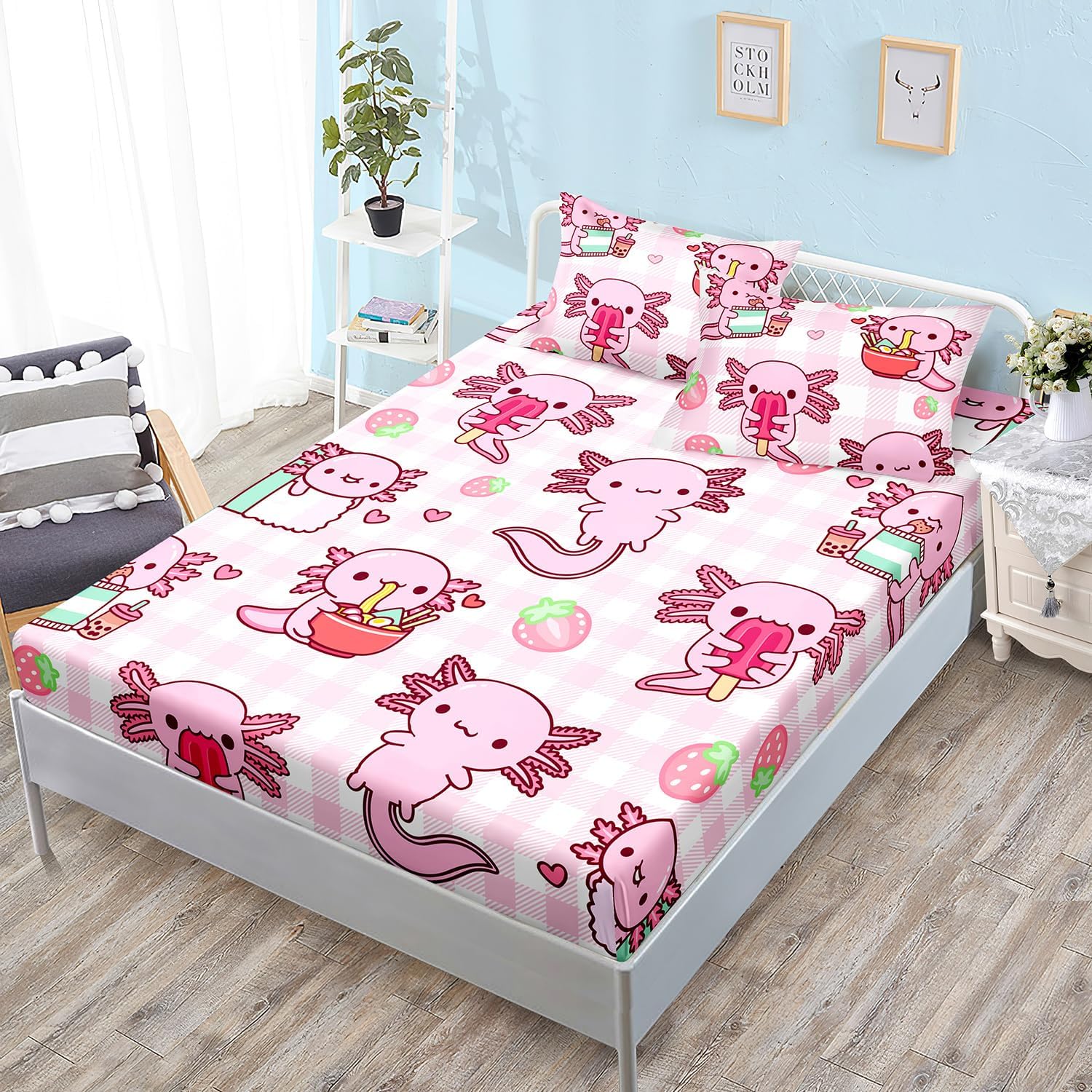 HOSIMA Pink Axolotl Fitted Sheet Set Twin Size 1