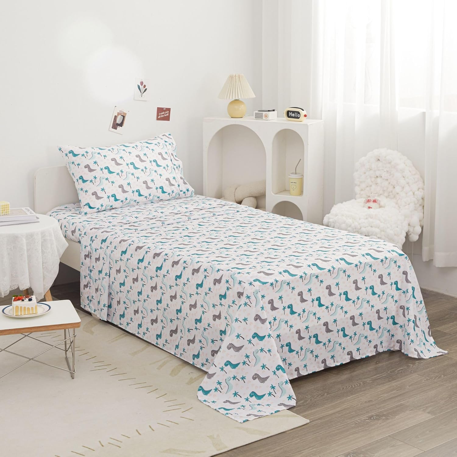 Viviland 3-Piece Kids Twin Bedding Set - Teal Grey Dinosaur Microfiber Sheets Pillowcases