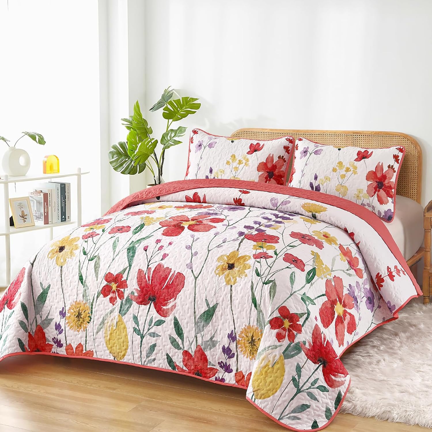Anibedding Floral Quilt Set King Size 3-Piece Red Bedspread