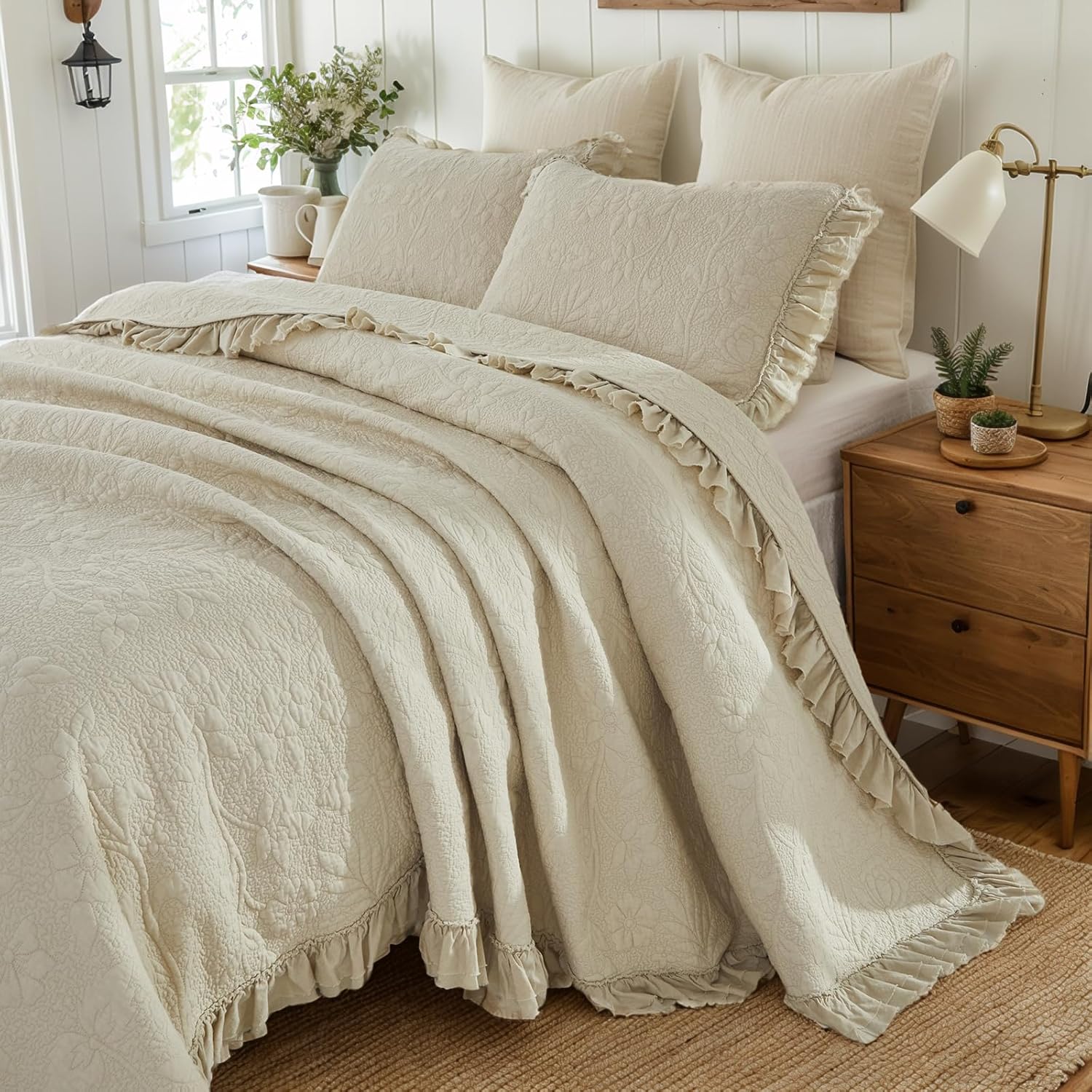 Brandream Queen Quilt Set 3-Piece Cotton Beige