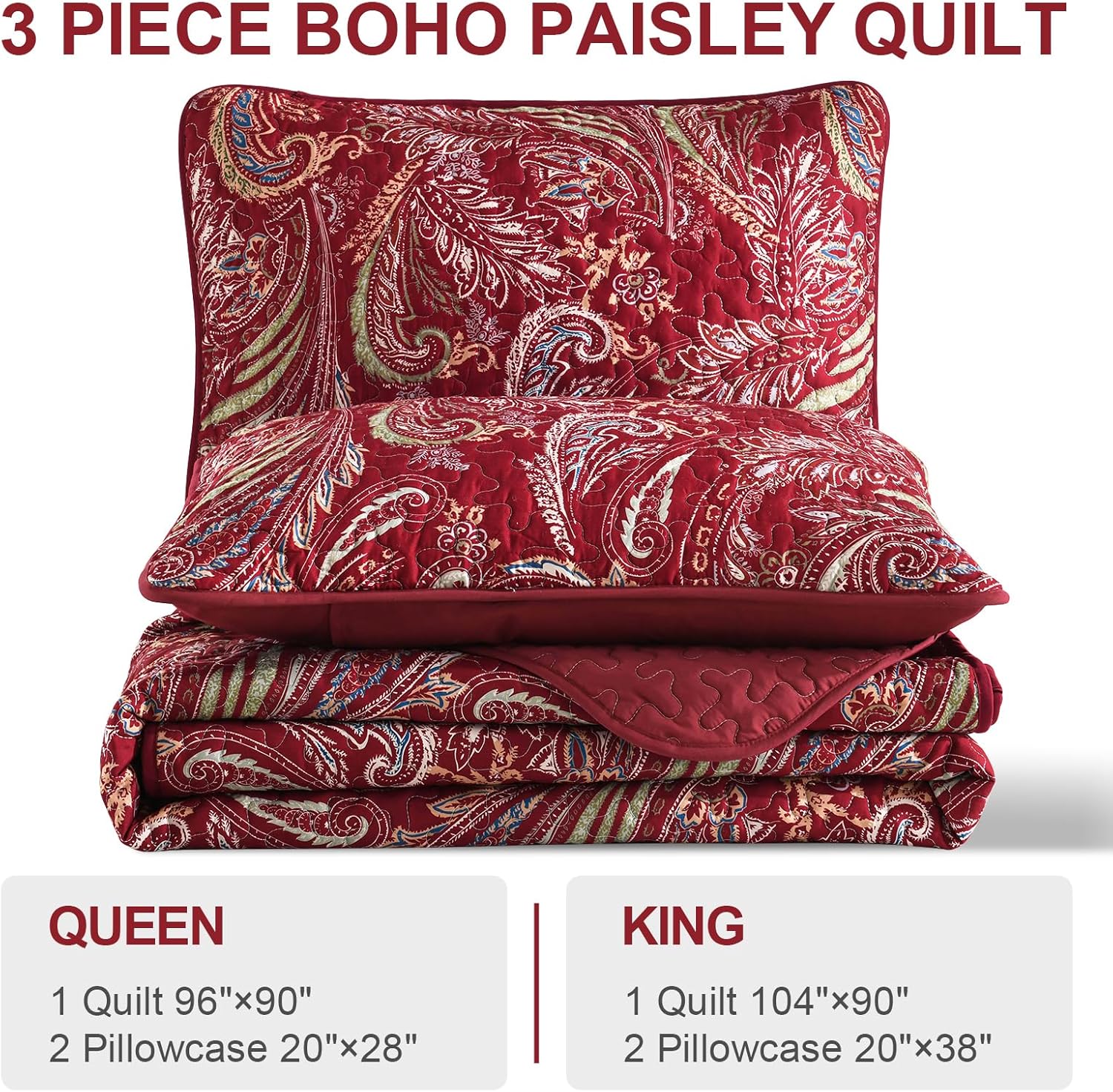 WONGS BEDDING Boho Quilt Set King 3 Piece Red Paisley