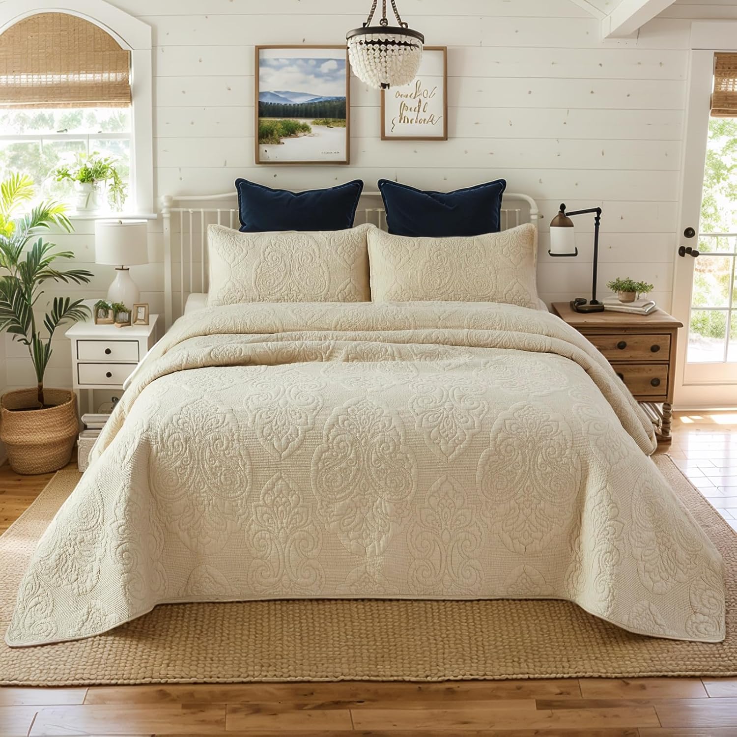 Brandream Queen Size Quilt Set 3-Piece Cotton Beige