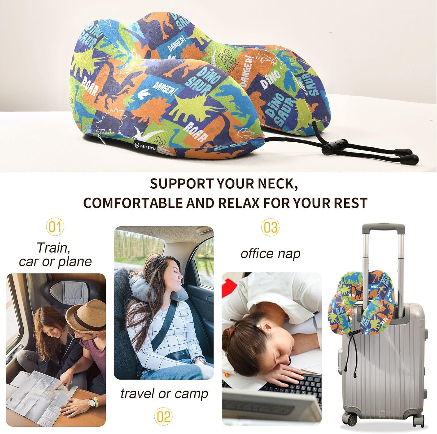 Sletend Bright Dinosaurs Travel Neck Pillow for Adults Kids
