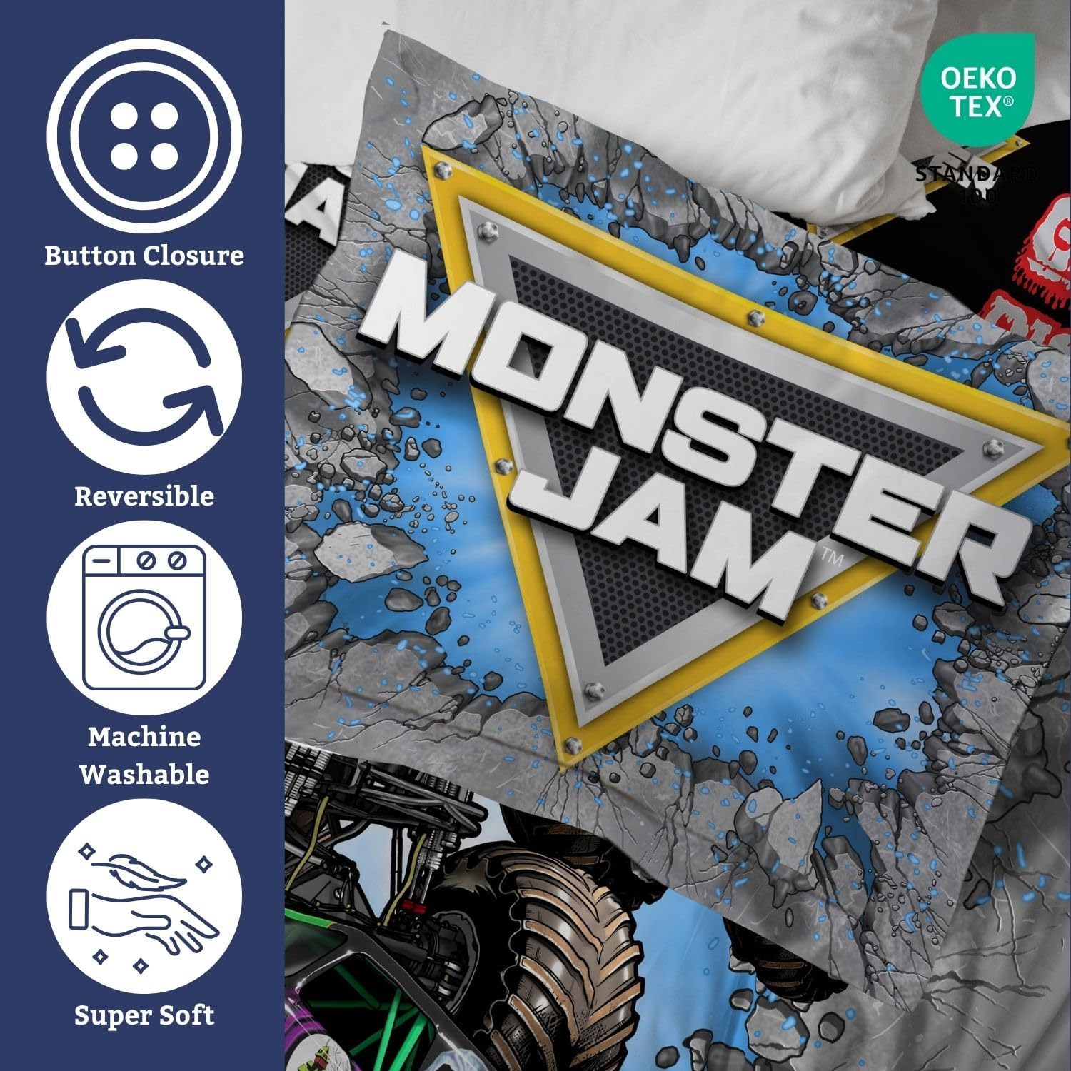 Jay Franco Duvet Cover Set Monster Jam Kids Bedding 3 Piece Grey