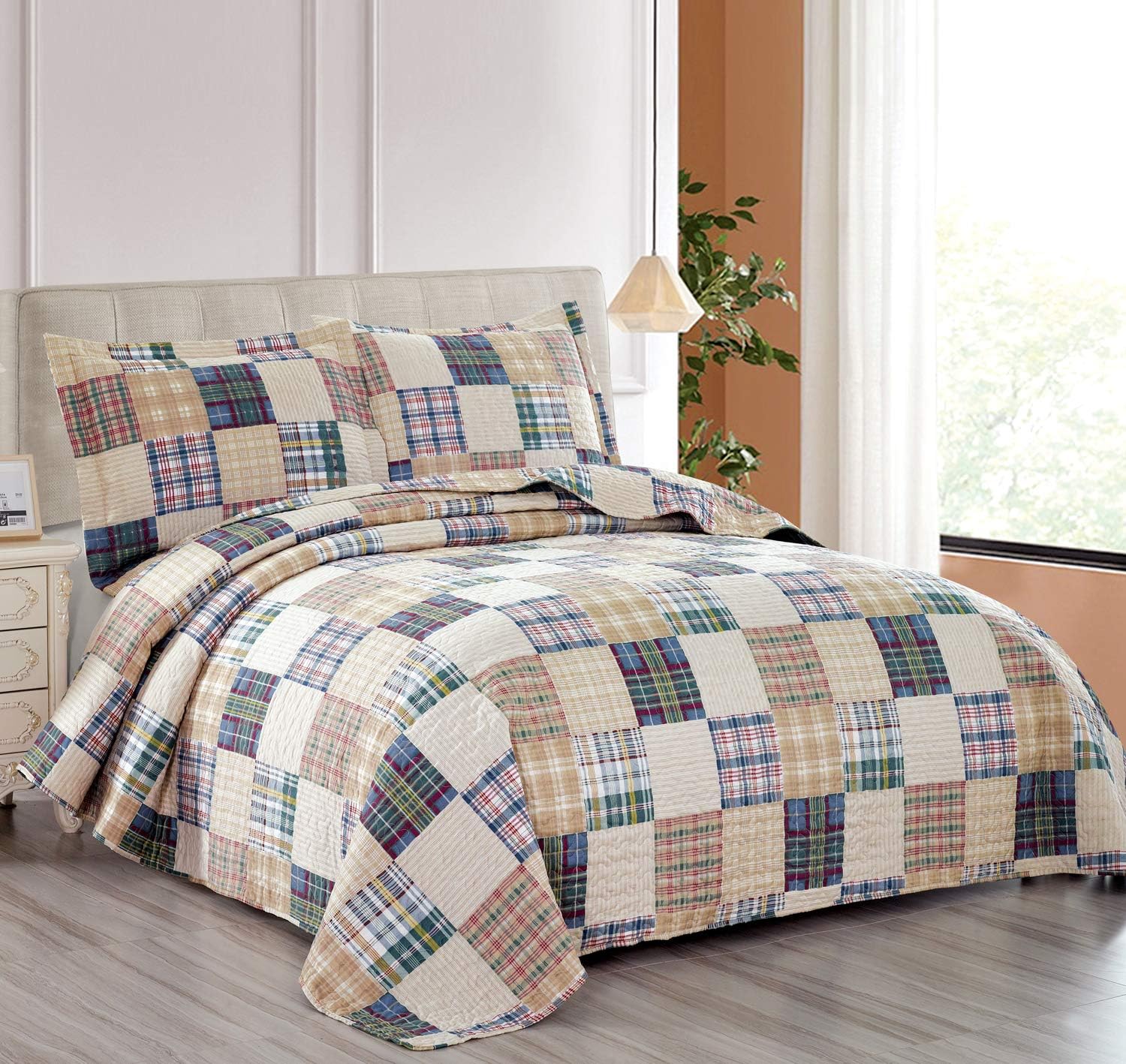 Hailea Beige Plaid Quilt Set Full Queen