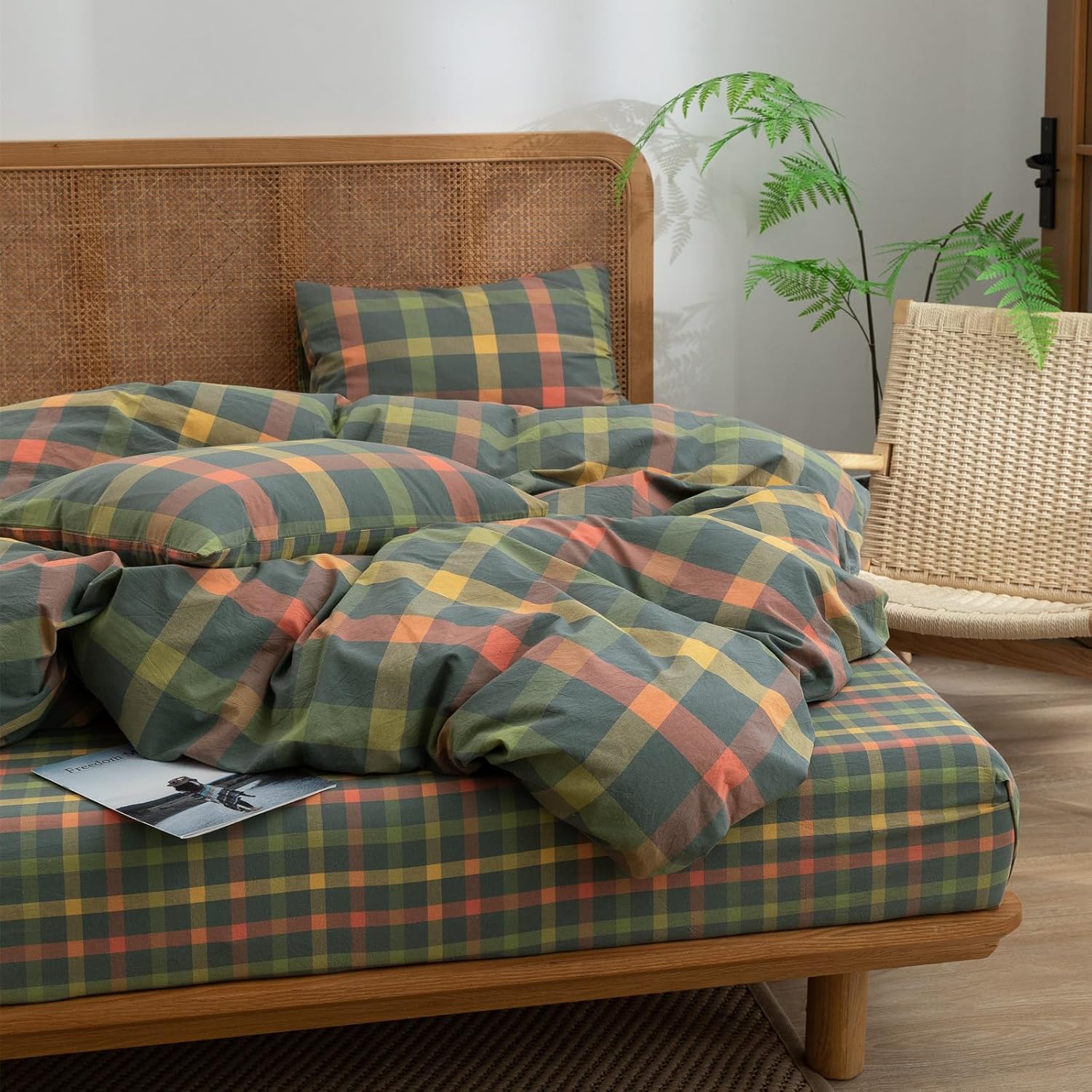 VM VOUGEMARKET Queen Plaid Fitted Sheet with 15 Deep Pocket