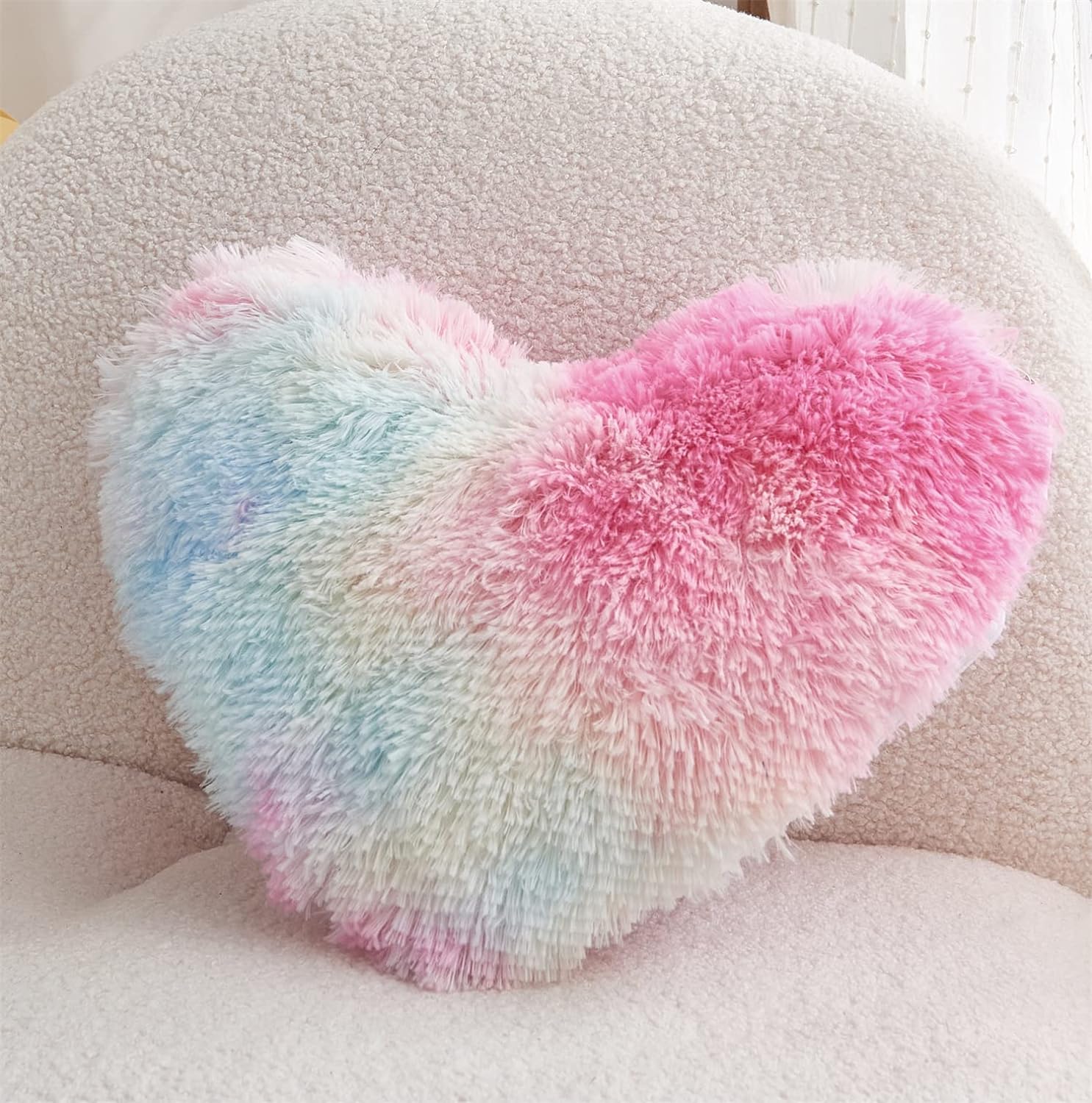 MOOWOO Fluffy Heart Pillow Rainbow Faux Fur Throw Decor 40x40cm
