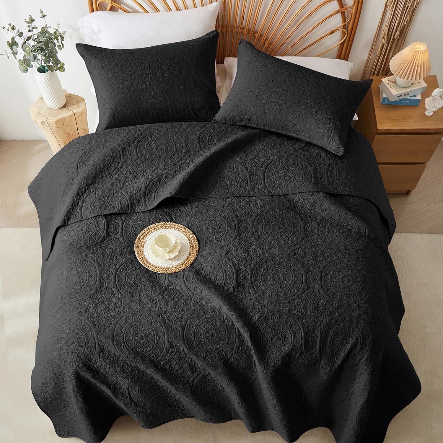 WURUIBO Black Quilt Set Queen Size Bedding