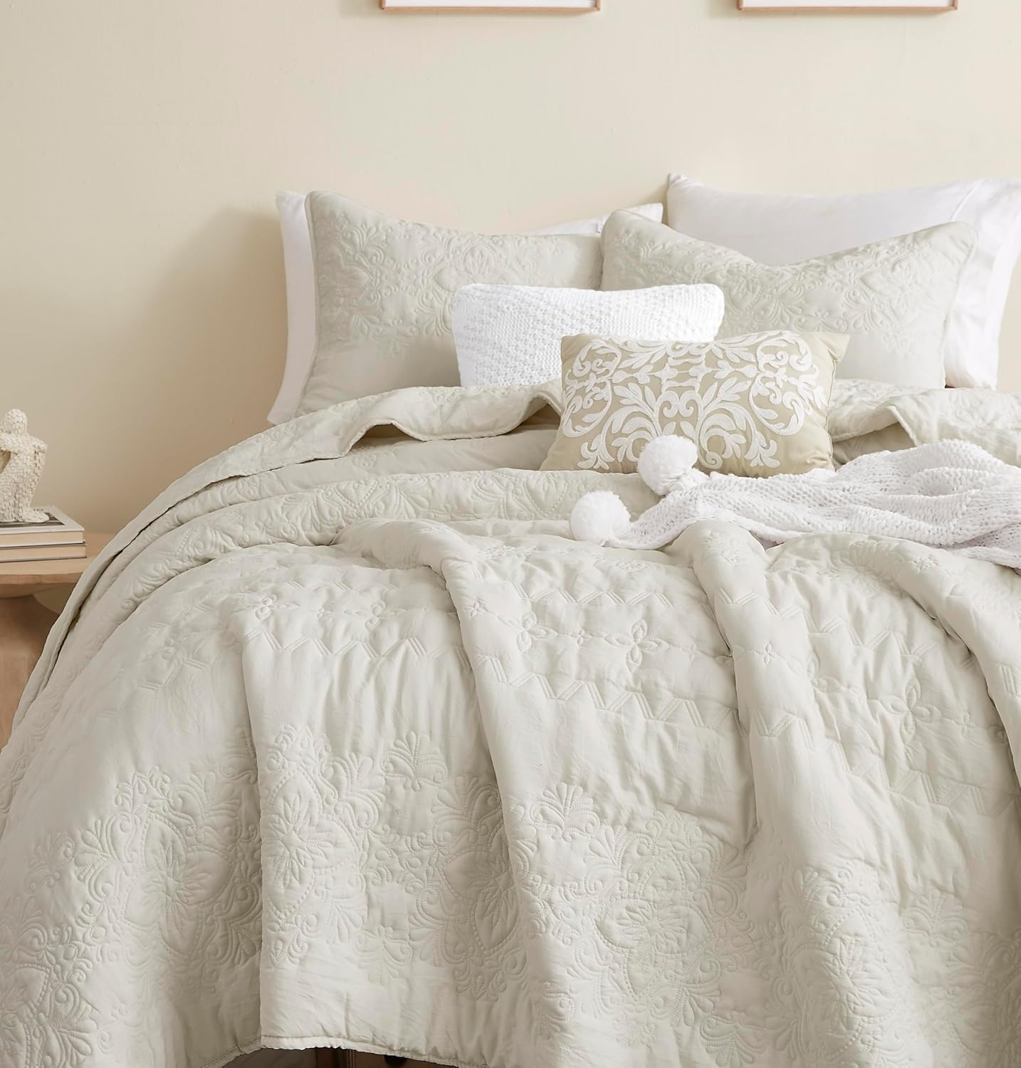 B2EVER Boho Light Beige Quilt Set Queen Size with Pillow Shams