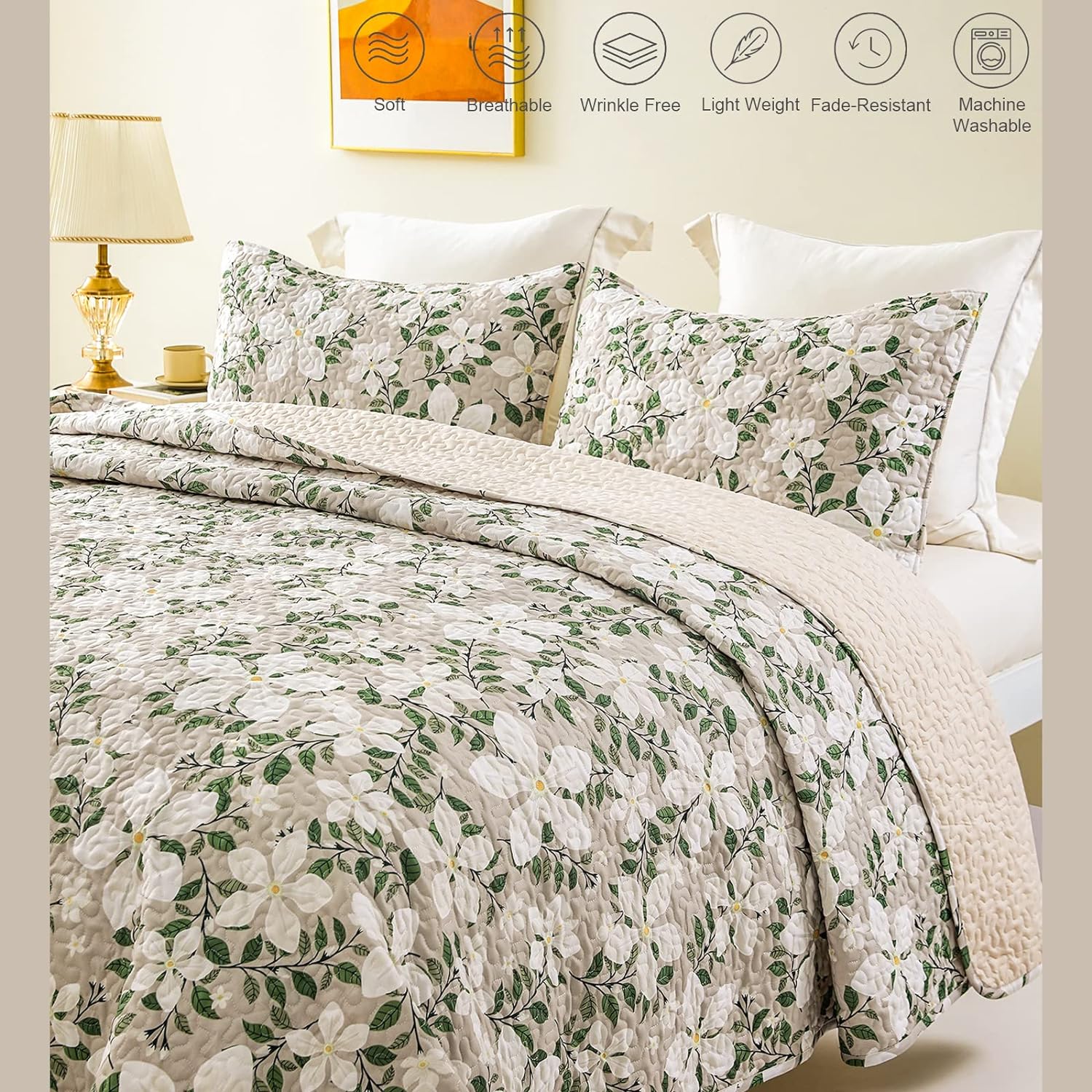 Whale Flotilla Reversible Floral Quilt Set Full Queen WhiteBone
