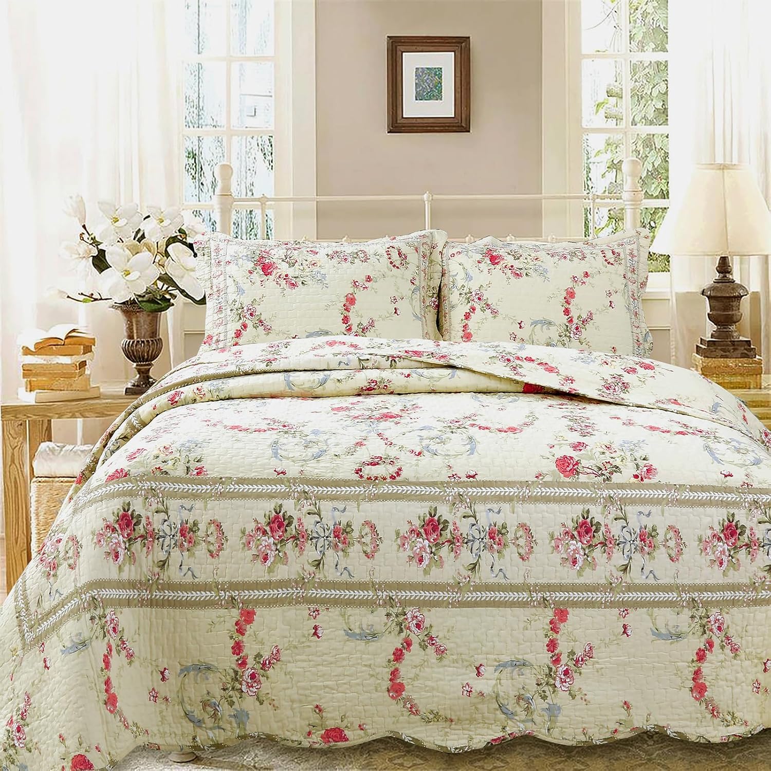 Cozy Line Khaki Cream Yellow Floral Reversible Quilt 3 Piece King Set