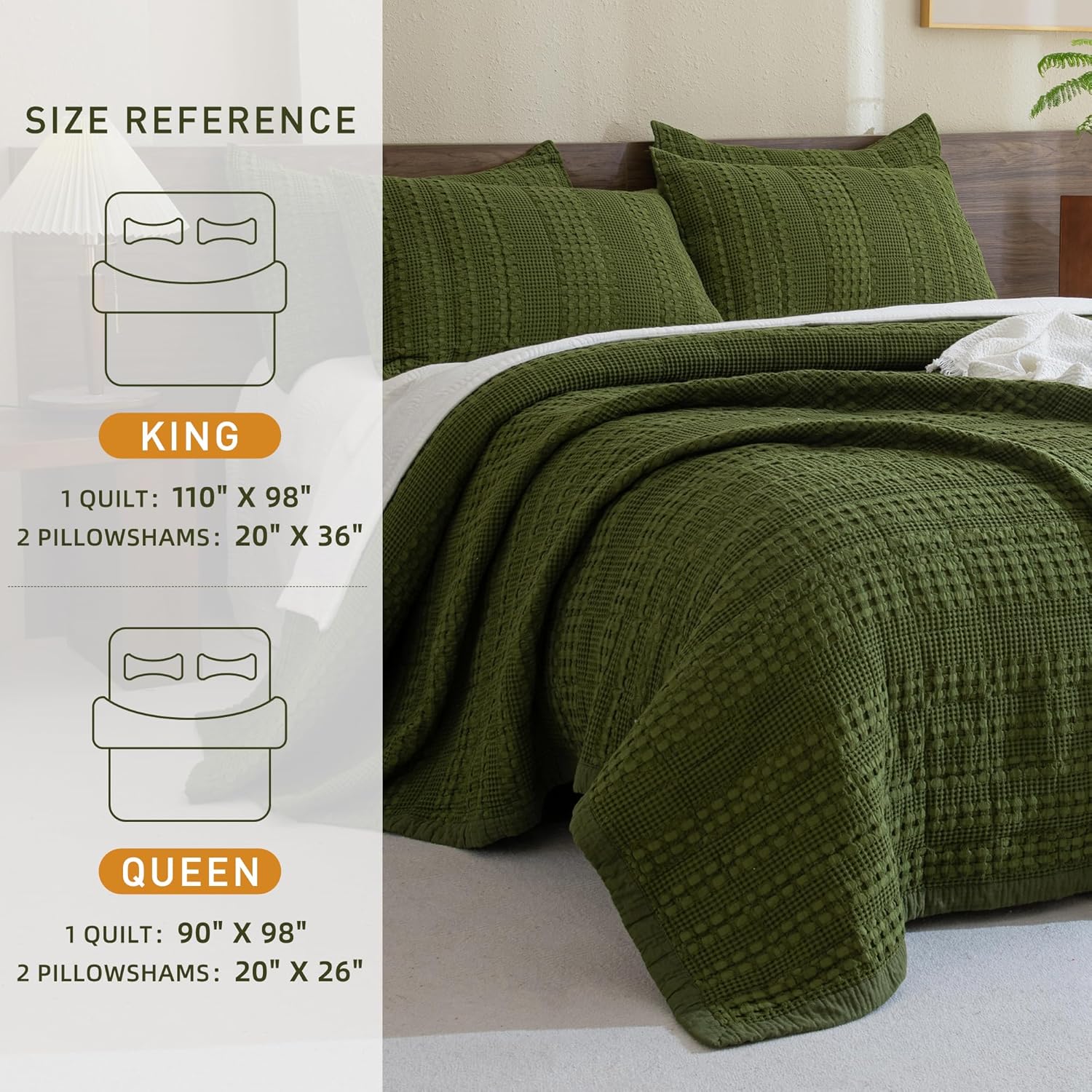 CozyTide Queen Quilt Set 3 Pieces Olive Green Waffle Weave