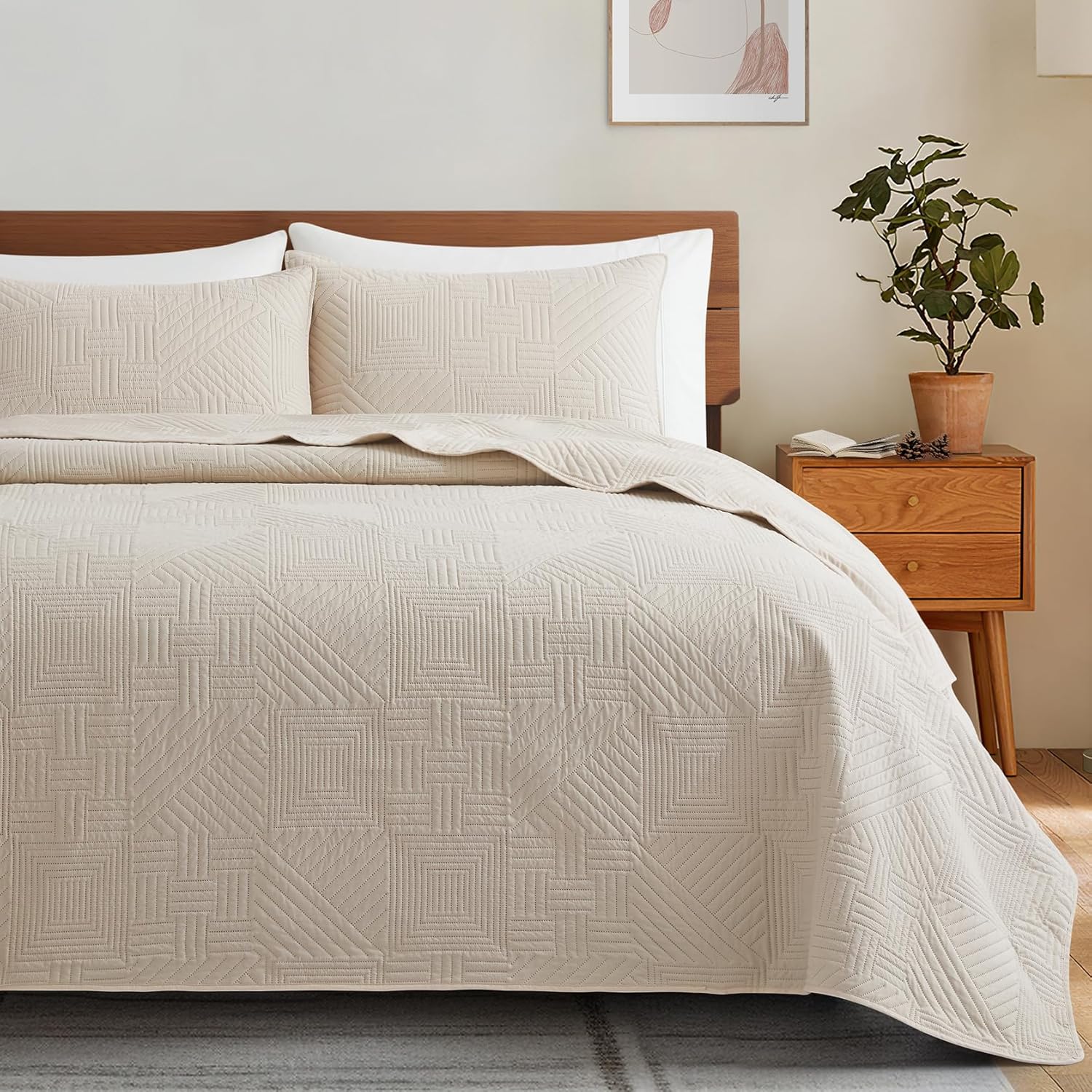 Lavsiry Beige Quilt Set with Pillow Shams 3 Piece King Size