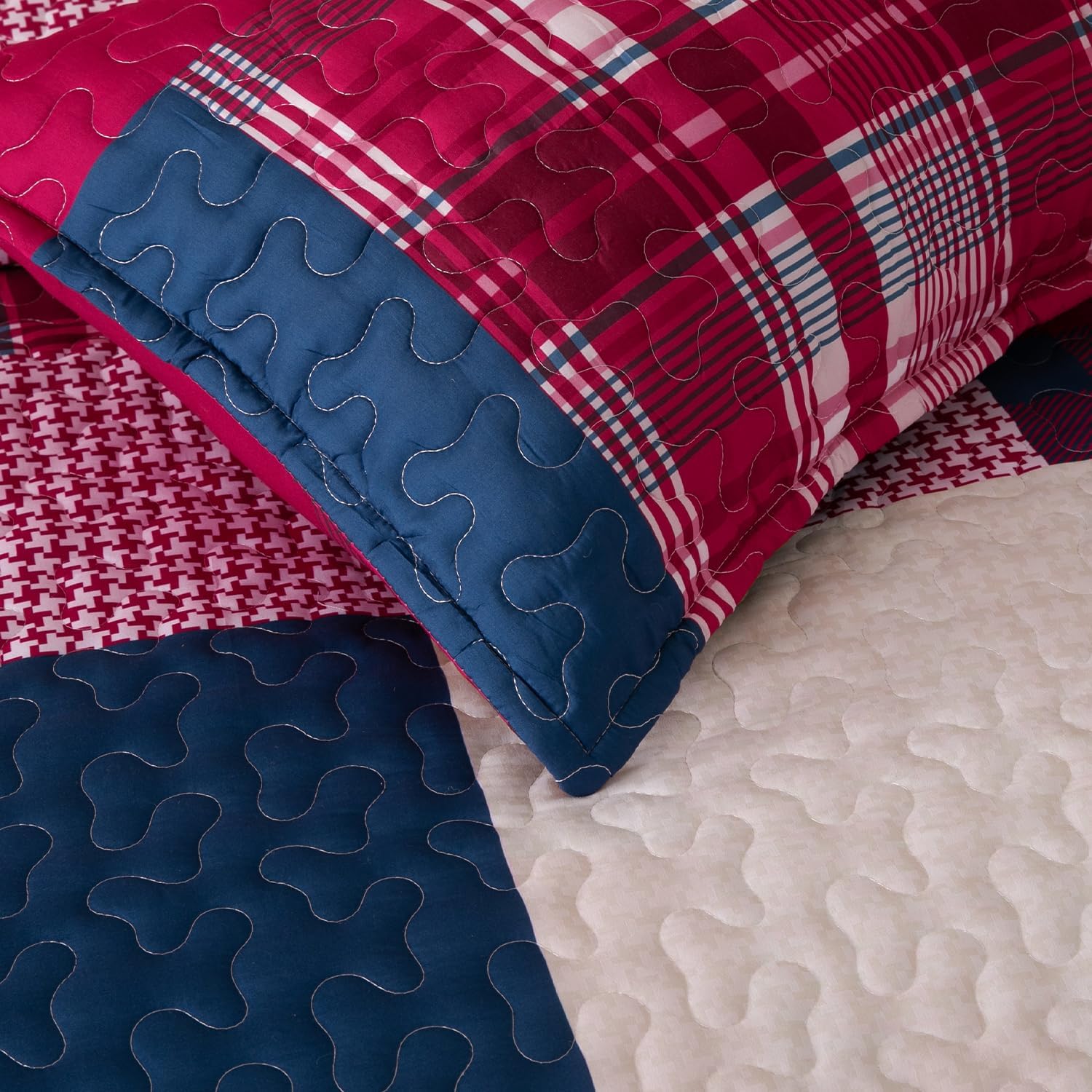 DURLENGEN Boho Quilt Set Queen 3Pcs with Red Navy Patchwork