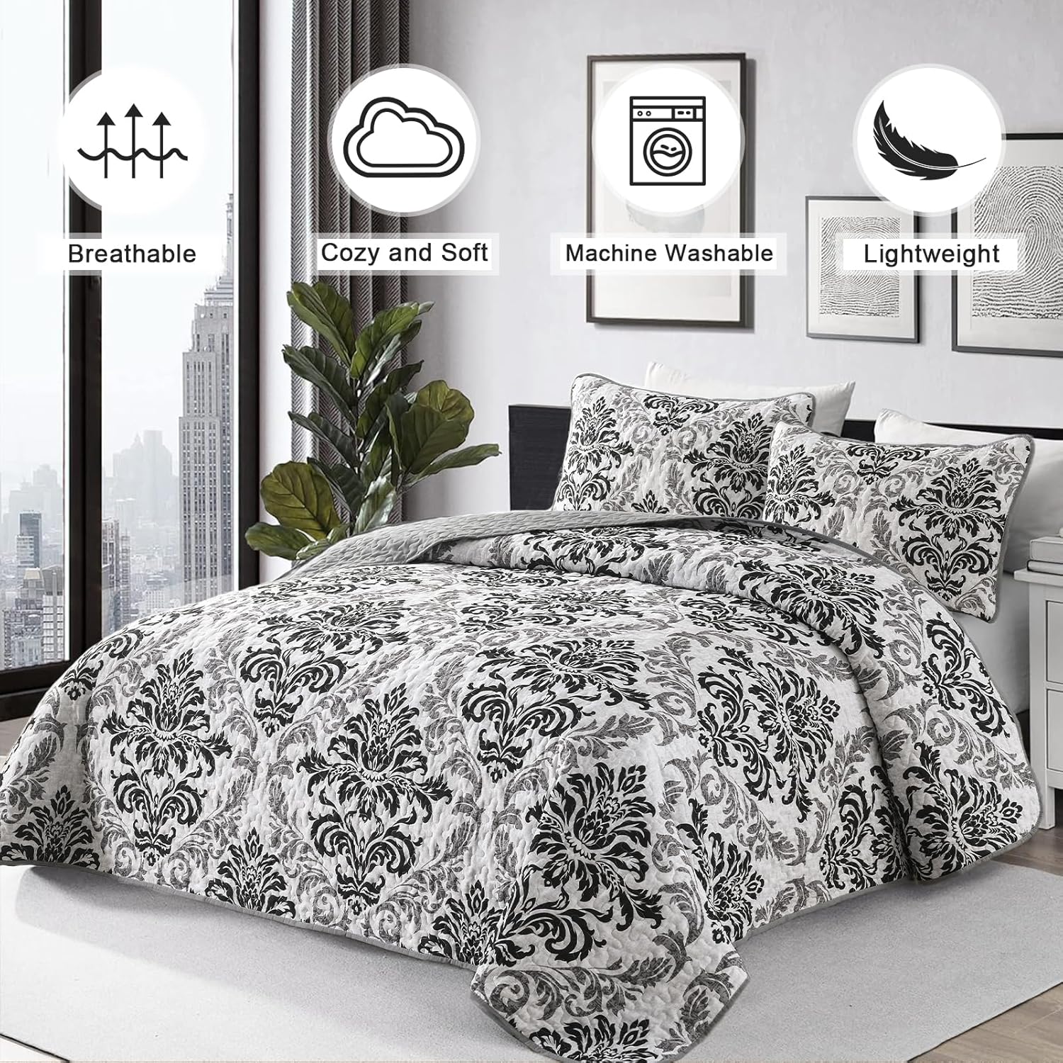 Drucon Black Quilt Set Queen Size 3 Pieces Boho Damask