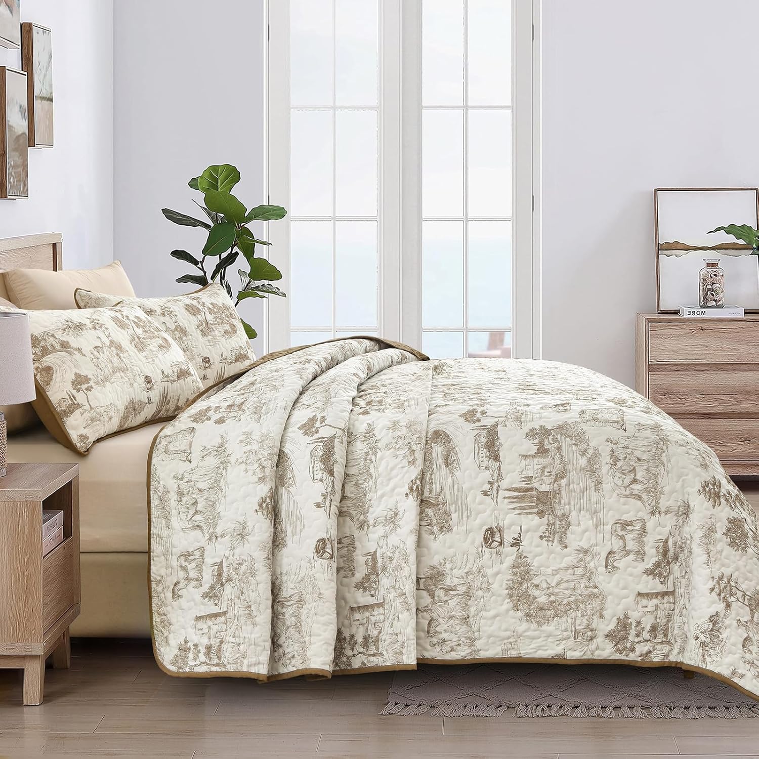 Drucon Khaki Quilt Set King Size - 3 Piece Farmhouse Bedding
