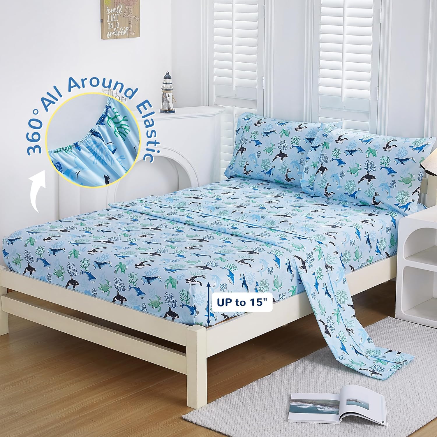 Viviland 3-Piece Kids Blue Ocean Twin Sheet Set