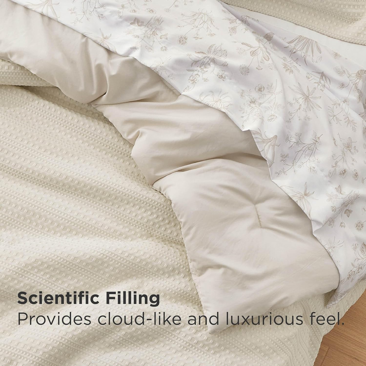 Bedsure King Comforter Set - Beige Floral 4-Piece Waffle Bedding