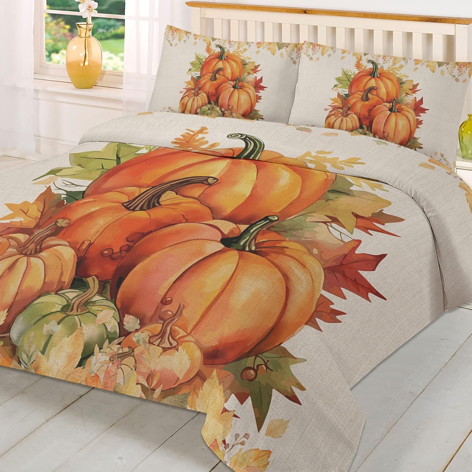 Boanket Orange Pumkins 3-Piece Fall Duvet Set Queen Size