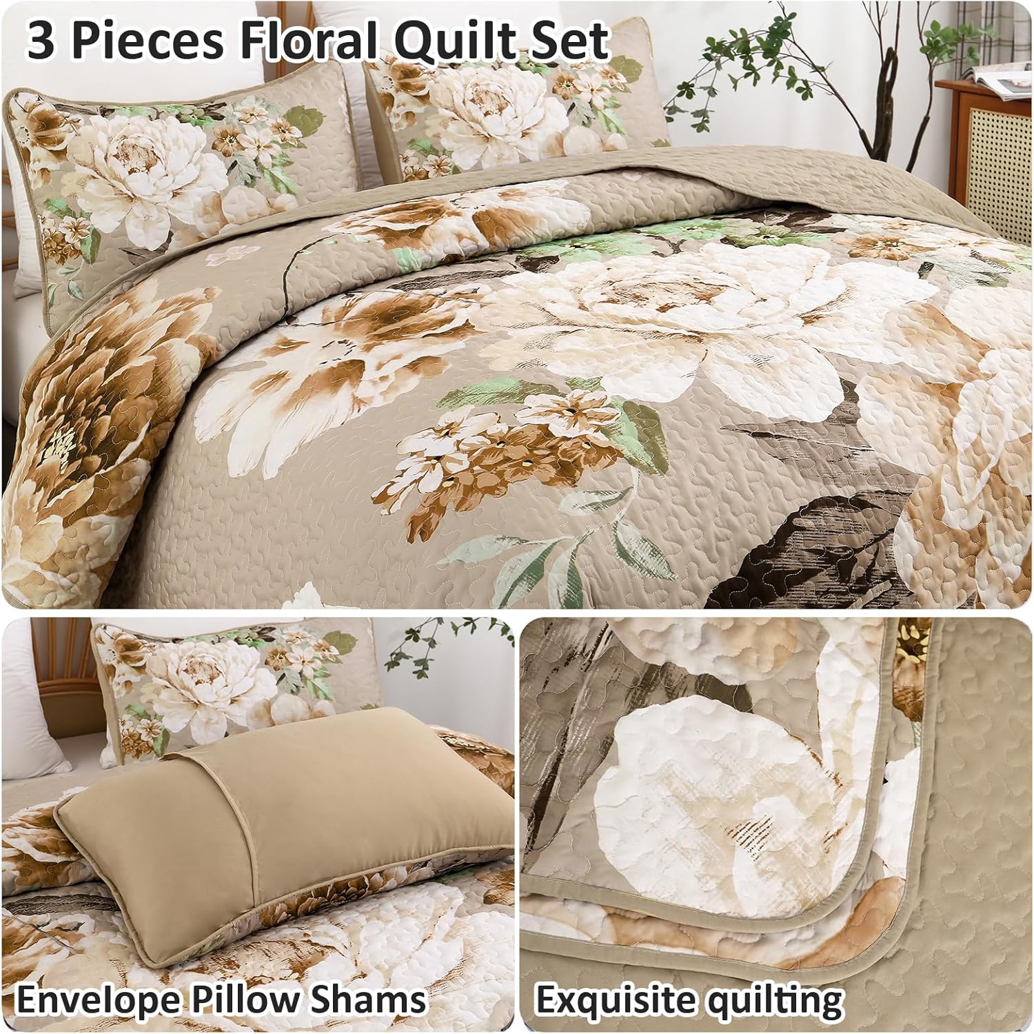 WONGS BEDDING Floral Quilt Set 3 Piece Khaki King