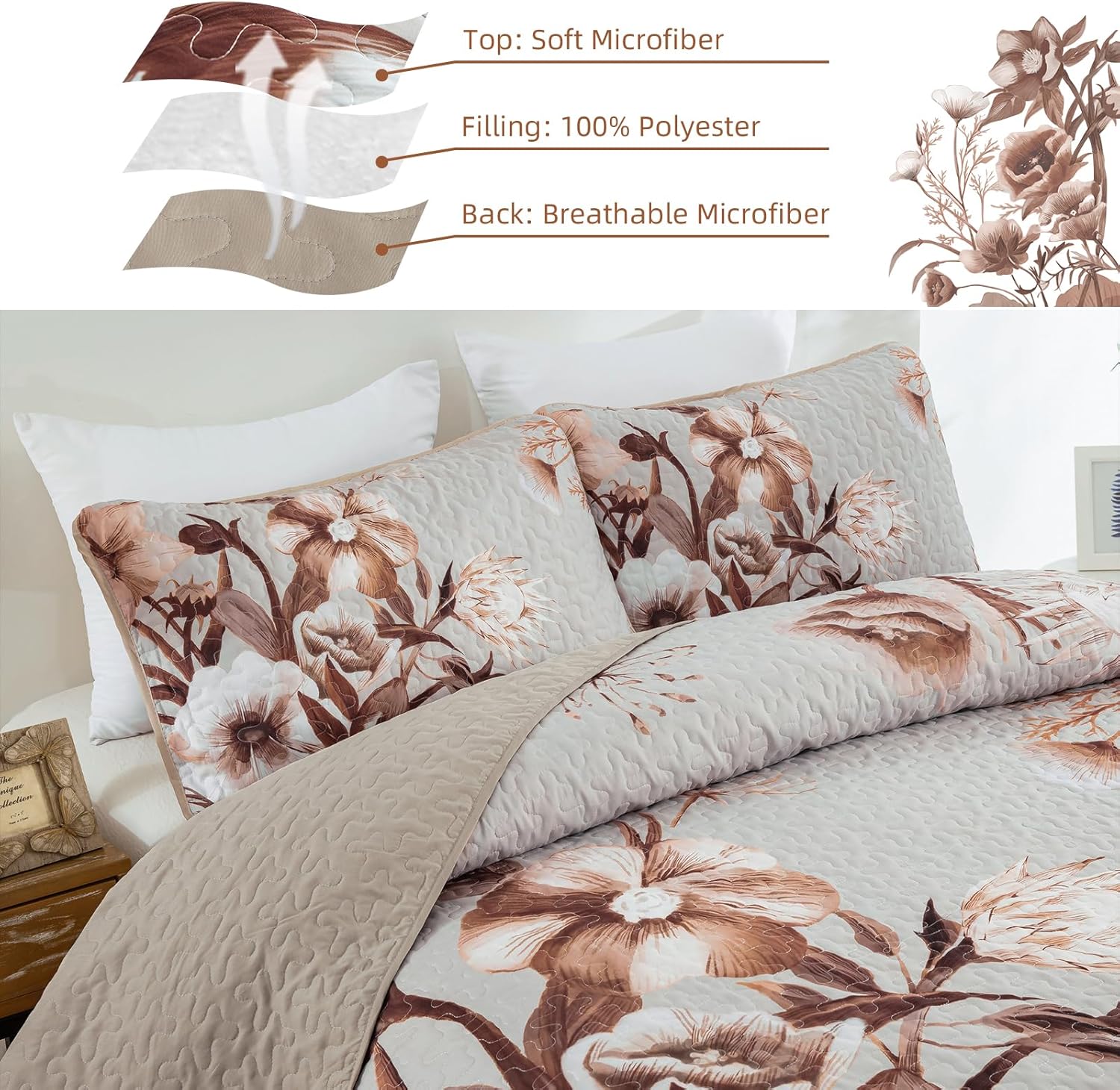 Drucon Boho Floral Quilt Set Queen 3 Piece
