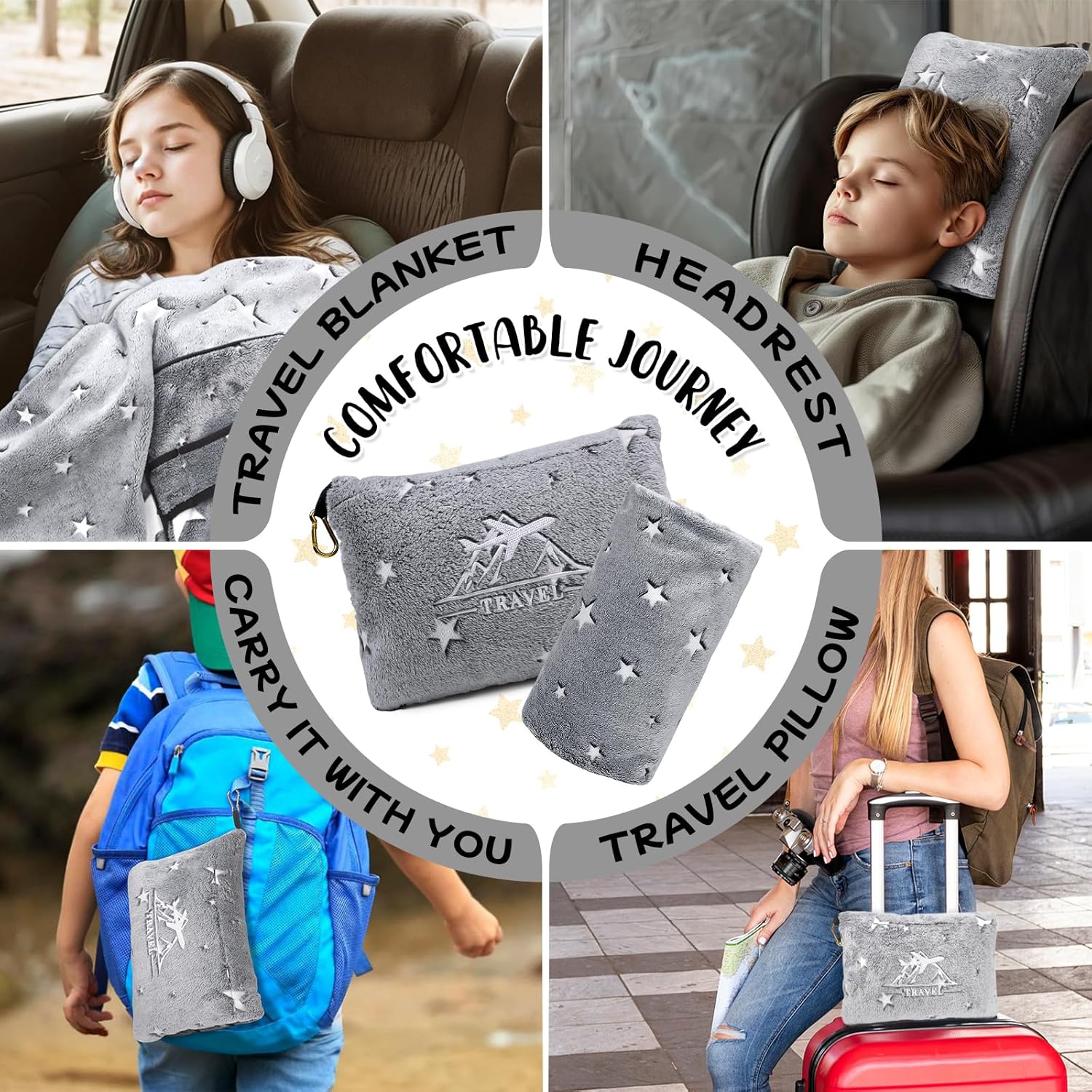 HWING Travel Blanket with Bag - Glow in The Dark Stars Pillow Set