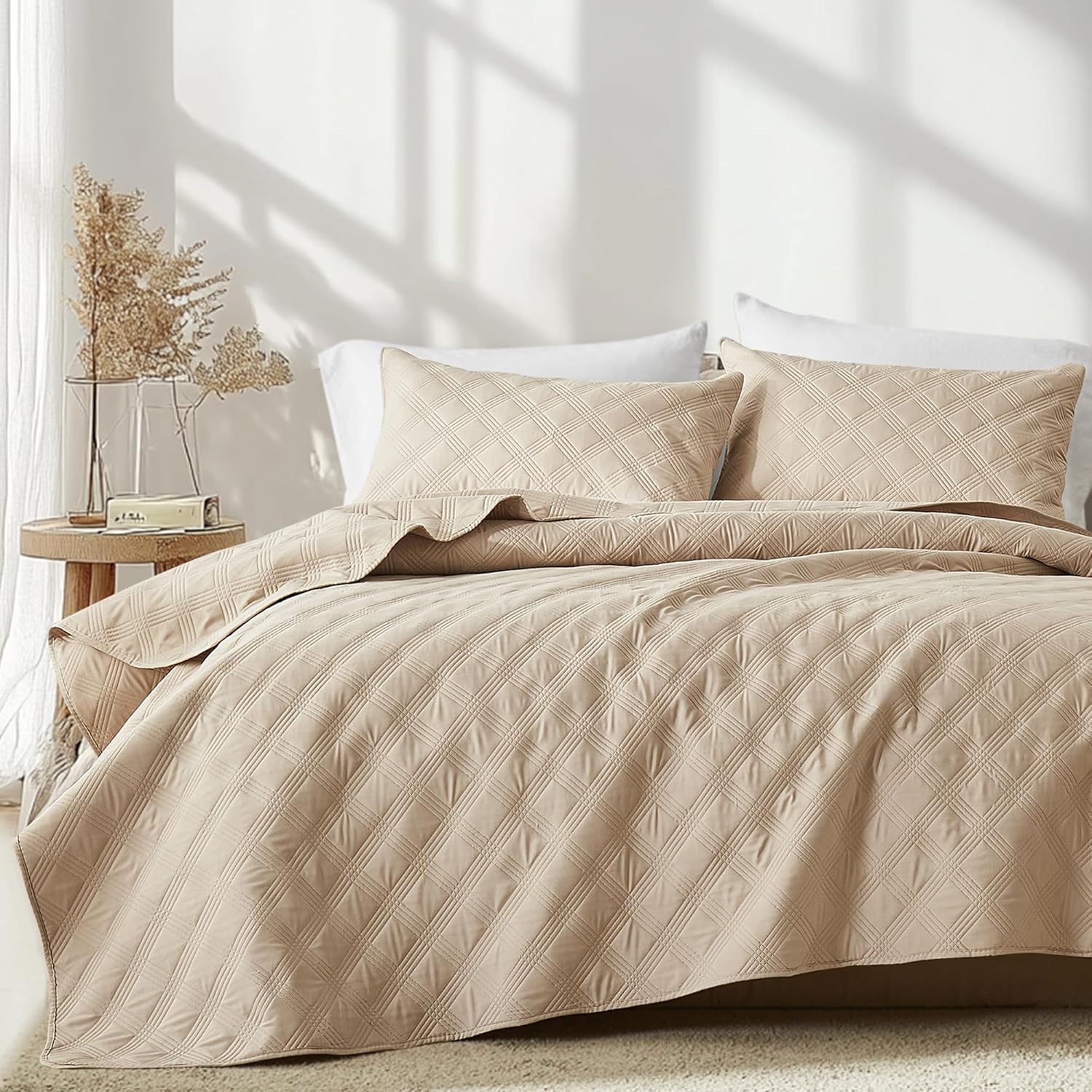 Inron Quilt Set Queen Size Beige Microfiber 1