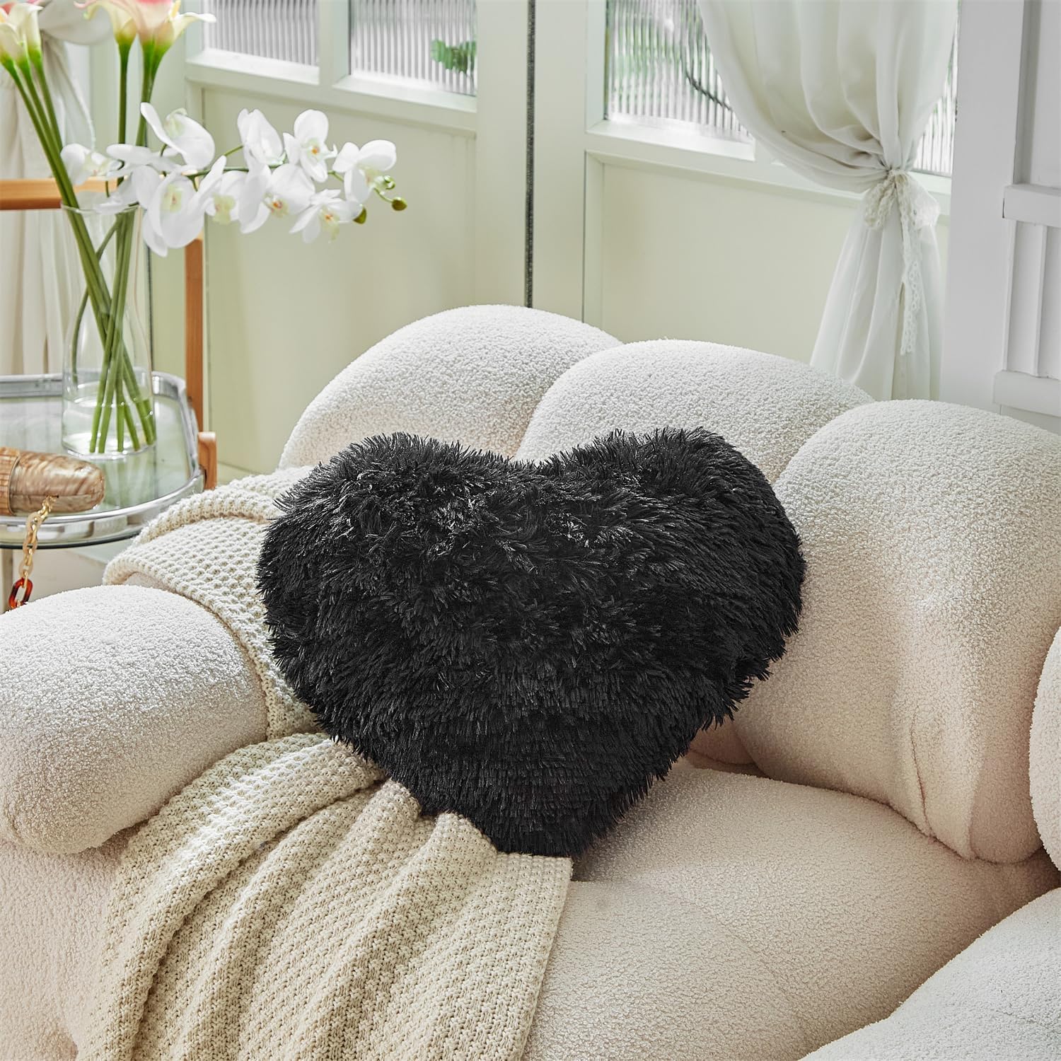 MOOWOO Fluffy Heart Pillow Faux Fur Throw Cushion 40x40cm