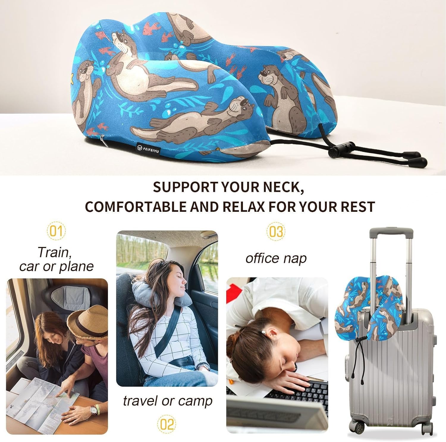 Sletend Cute Otters Travel Neck Pillow with Storage Bag
