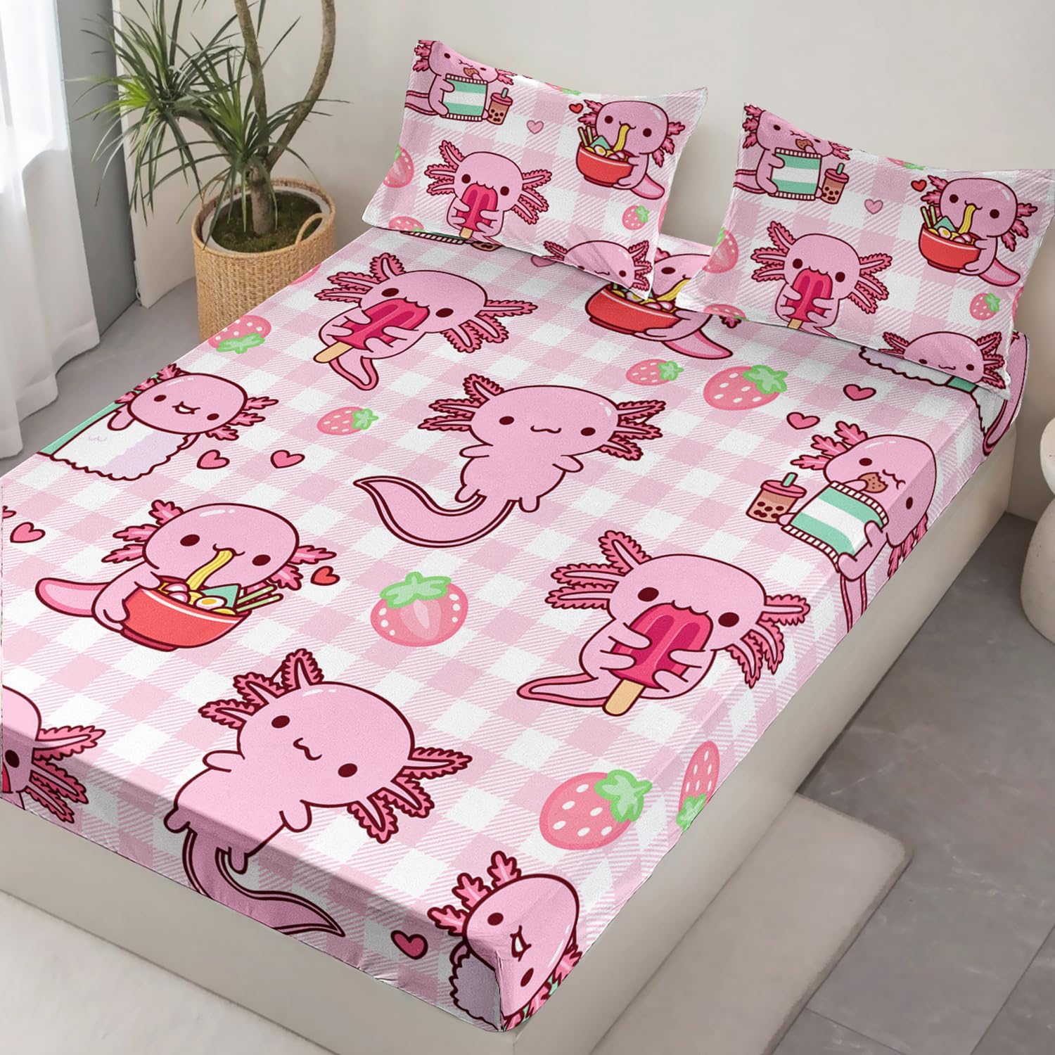 HOSIMA Pink Axolotl Fitted Sheet Set Twin Size 1