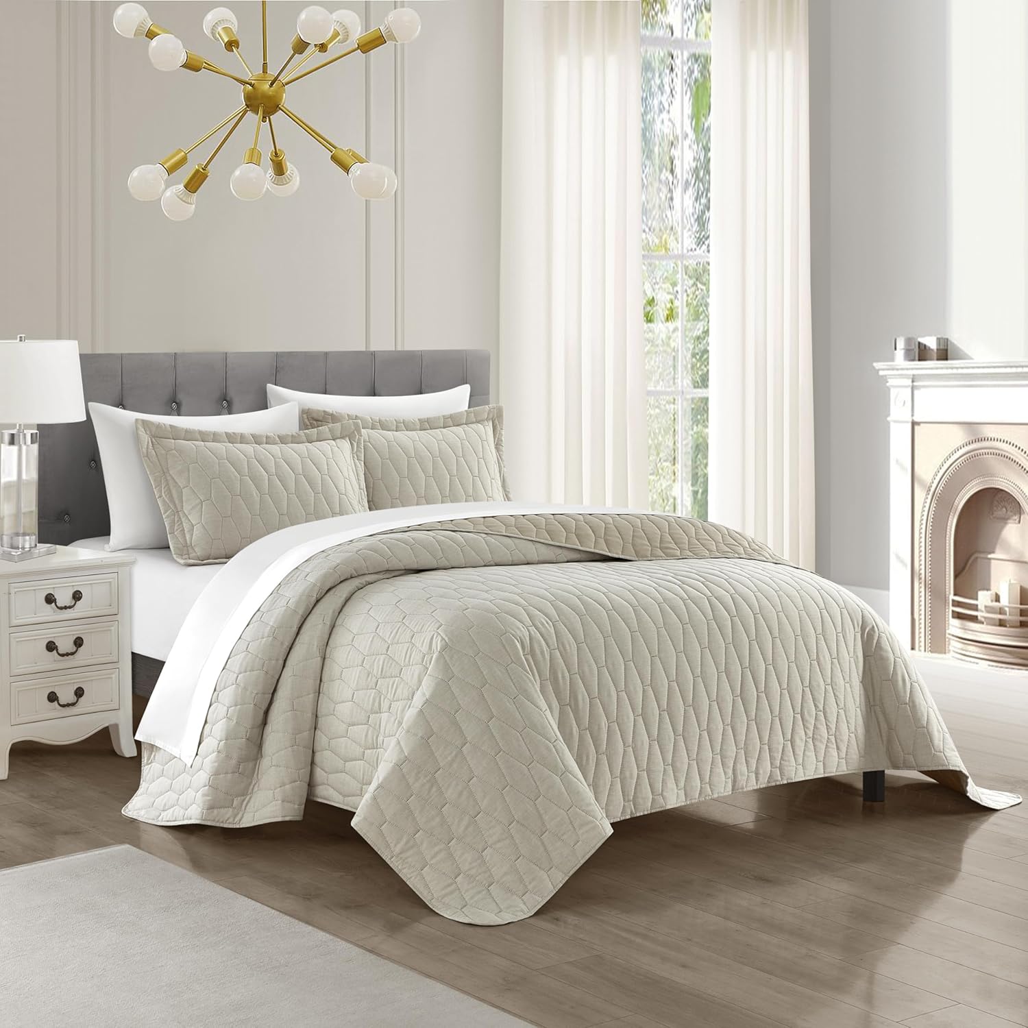 Chic Home Nyla 3 Piece Queen Quilt Set - Beige Hexagon Pattern