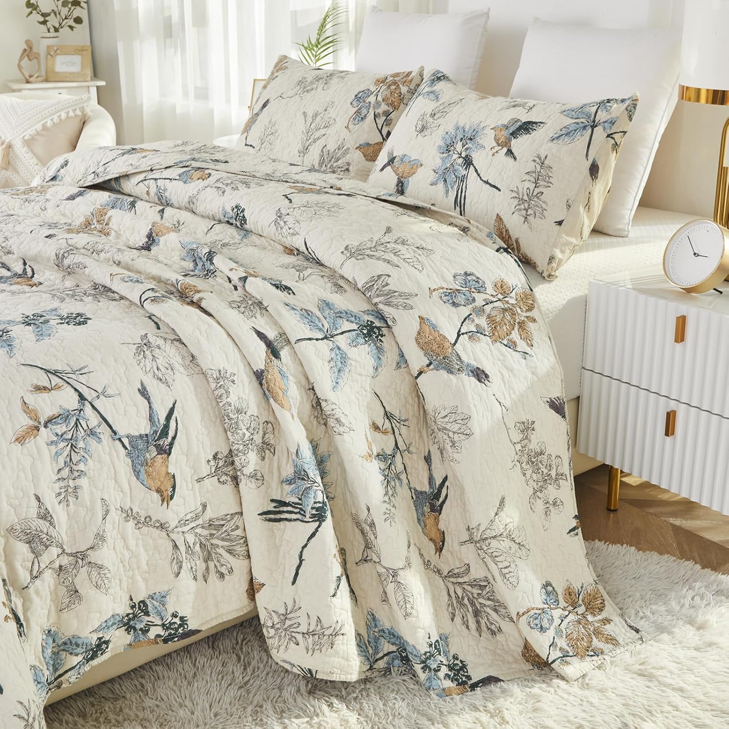 Brandream Birds Comforter Set Queen 3Pcs Beige