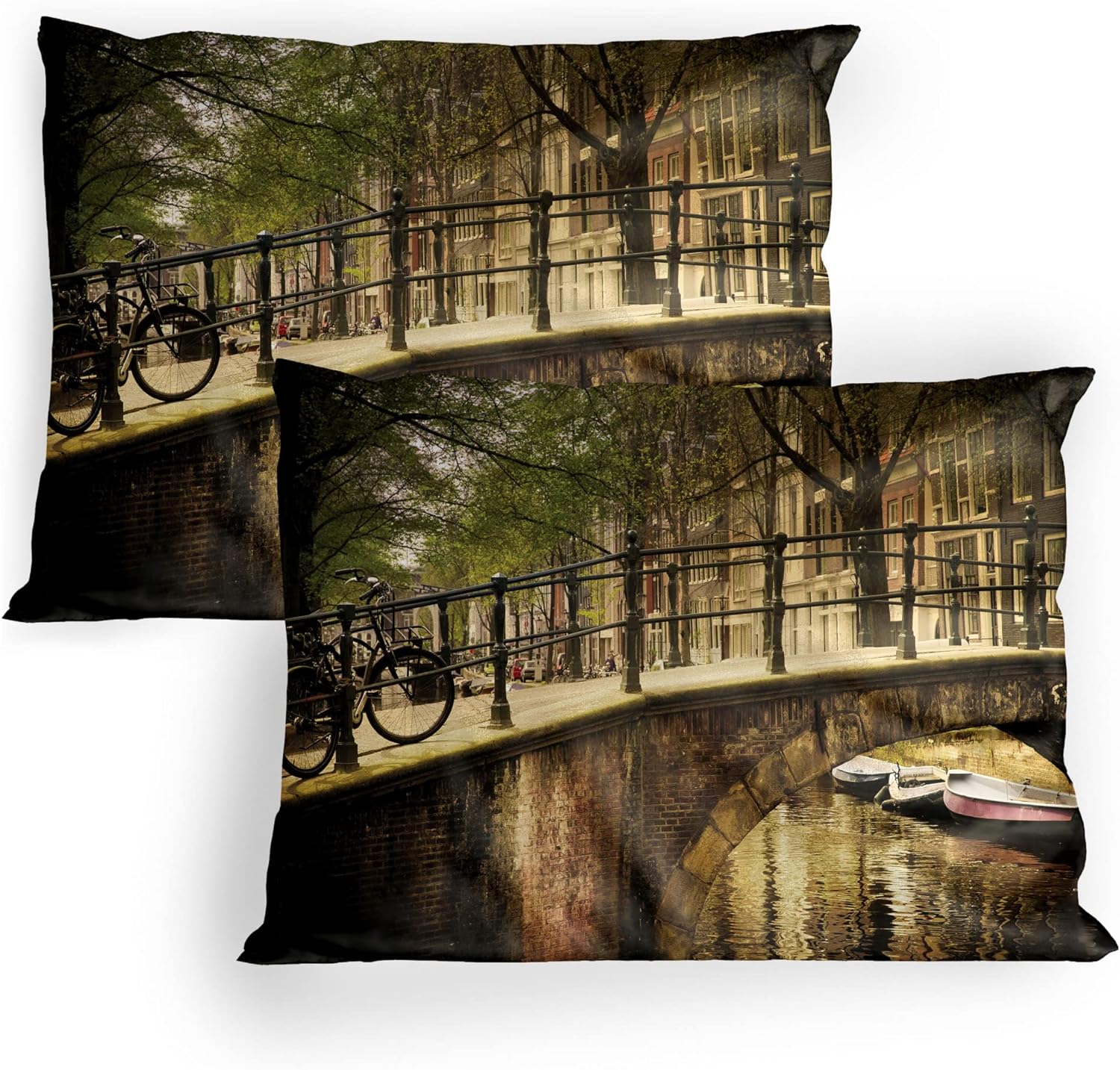 Ambesonne Landscape Pillow Sham Set of 2 Romantic Bridge Over Canal Amsterdam Cream