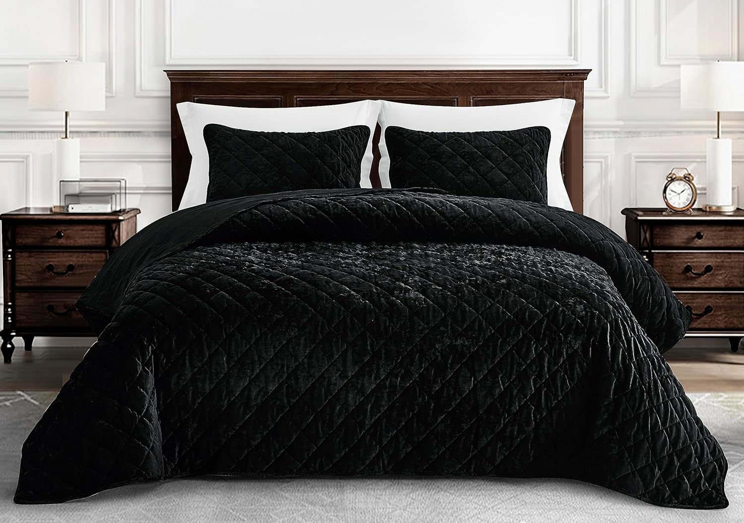 Chezmoi Lux Black Velvet Quilt King Set