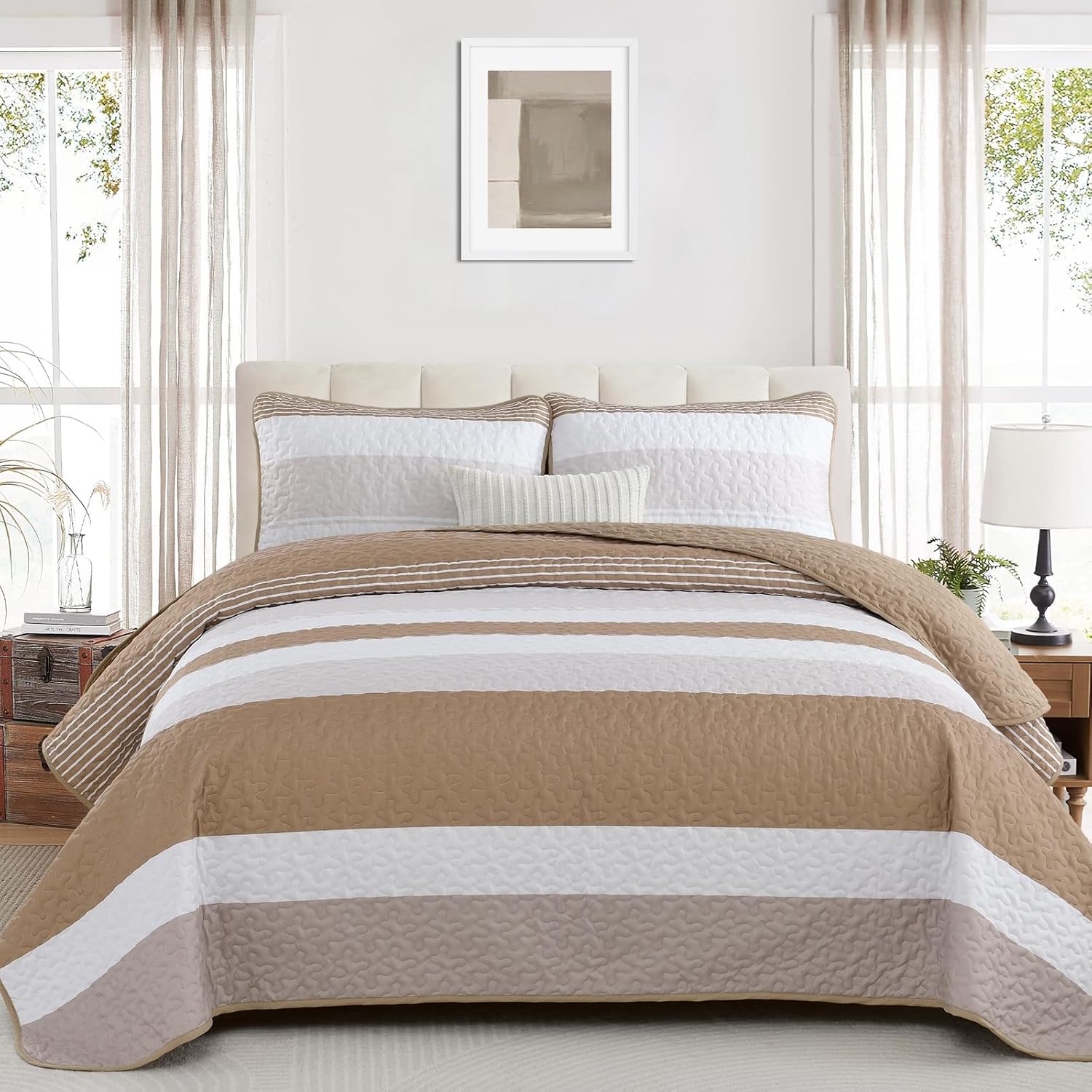 Dinjoy Boho Taupe Quilt Set Queen Size 3 Pieces