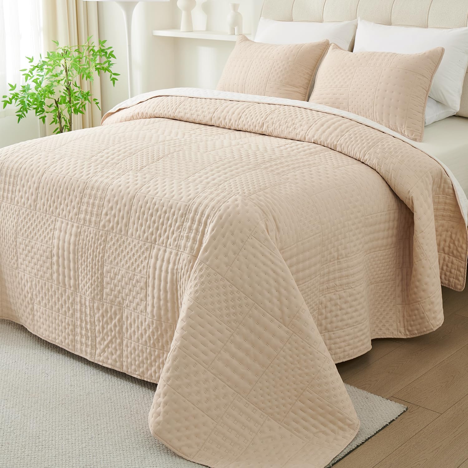 Cmfshape Queen Quilt Set - 3 Pieces Reversible Ultrasonic Quilt