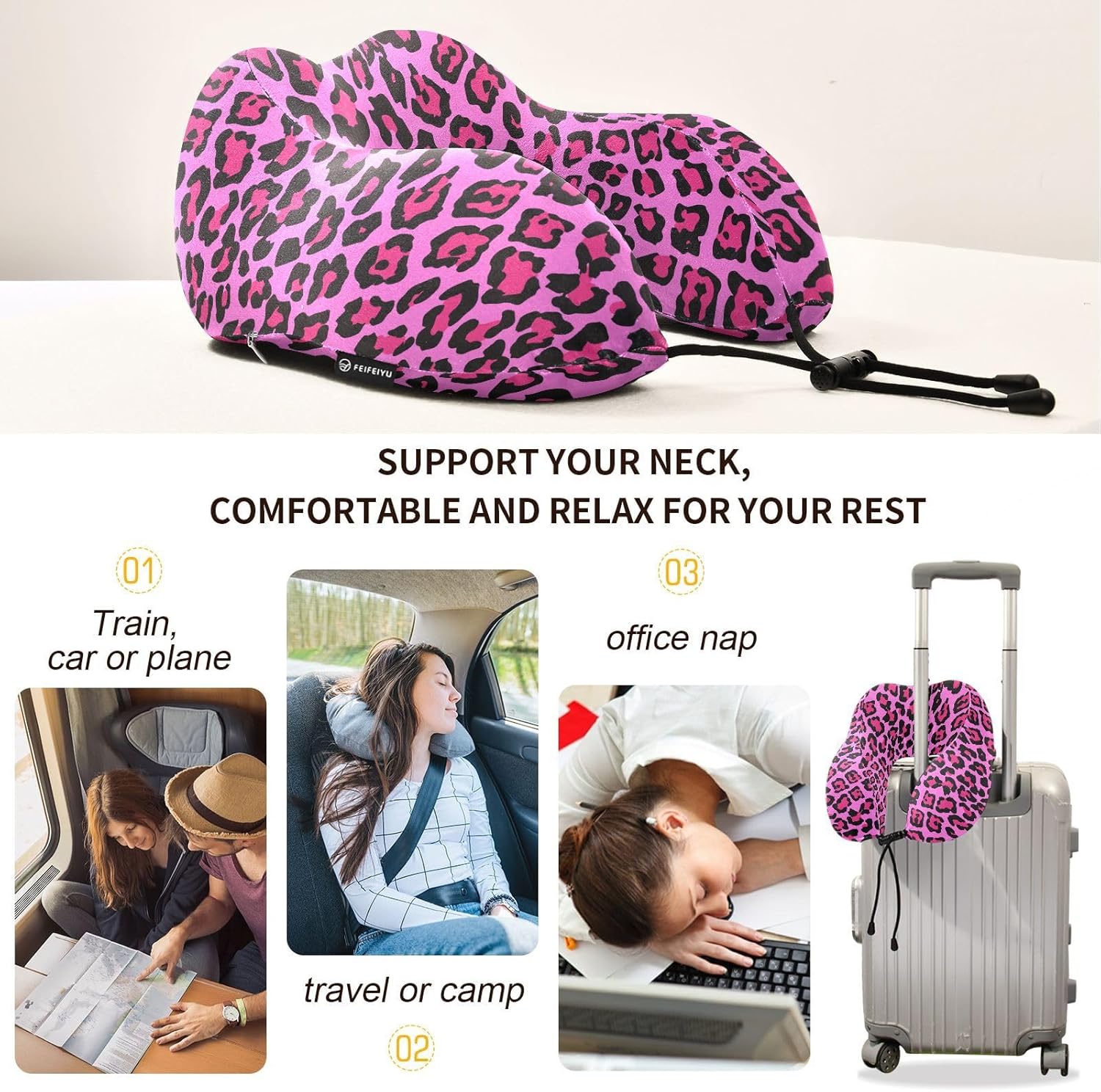 Sletend Pink Leopard Print Travel Neck Pillow