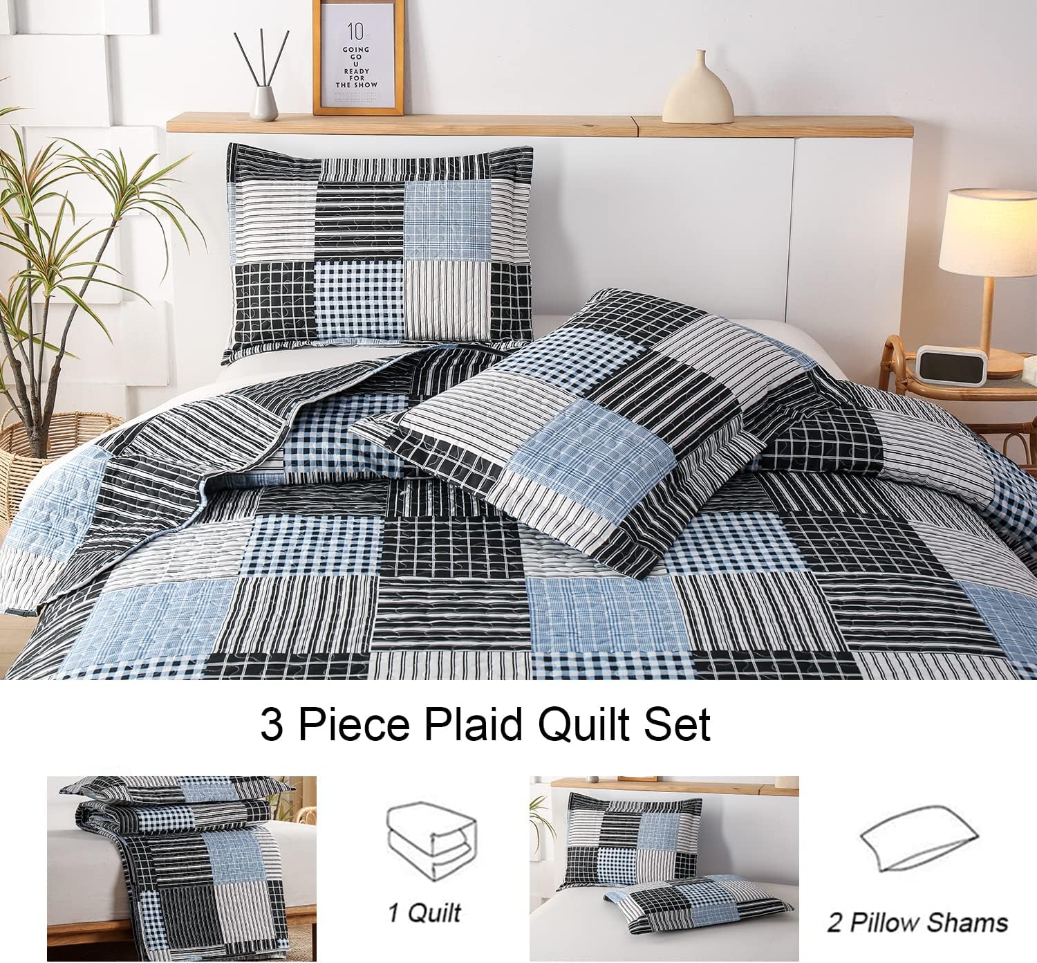 Ycosy Plaid Quilt Set Full Queen with 2 Pillow Shams