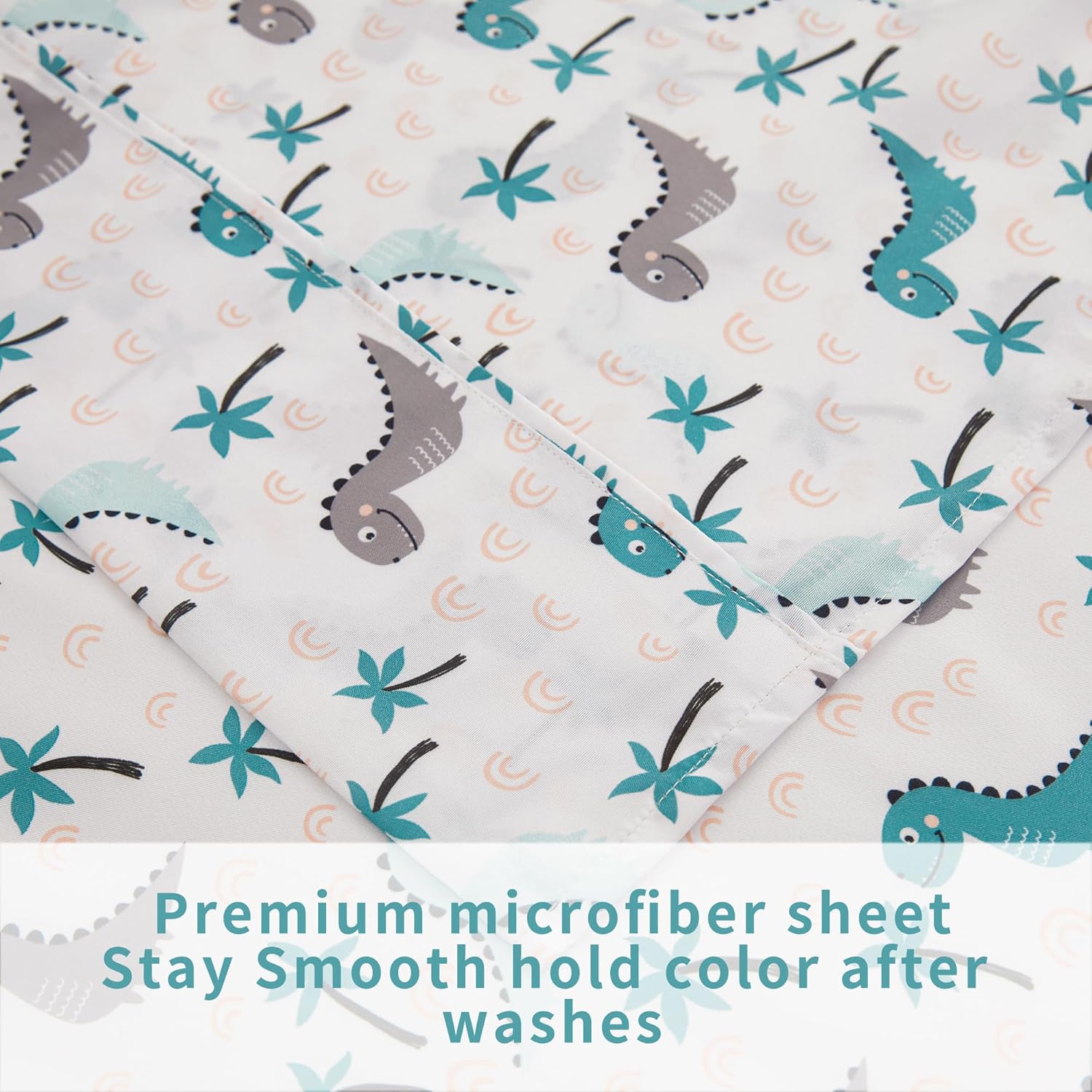 Viviland 3-Piece Kids Twin Bedding Set - Teal Grey Dinosaur Microfiber Sheets Pillowcases