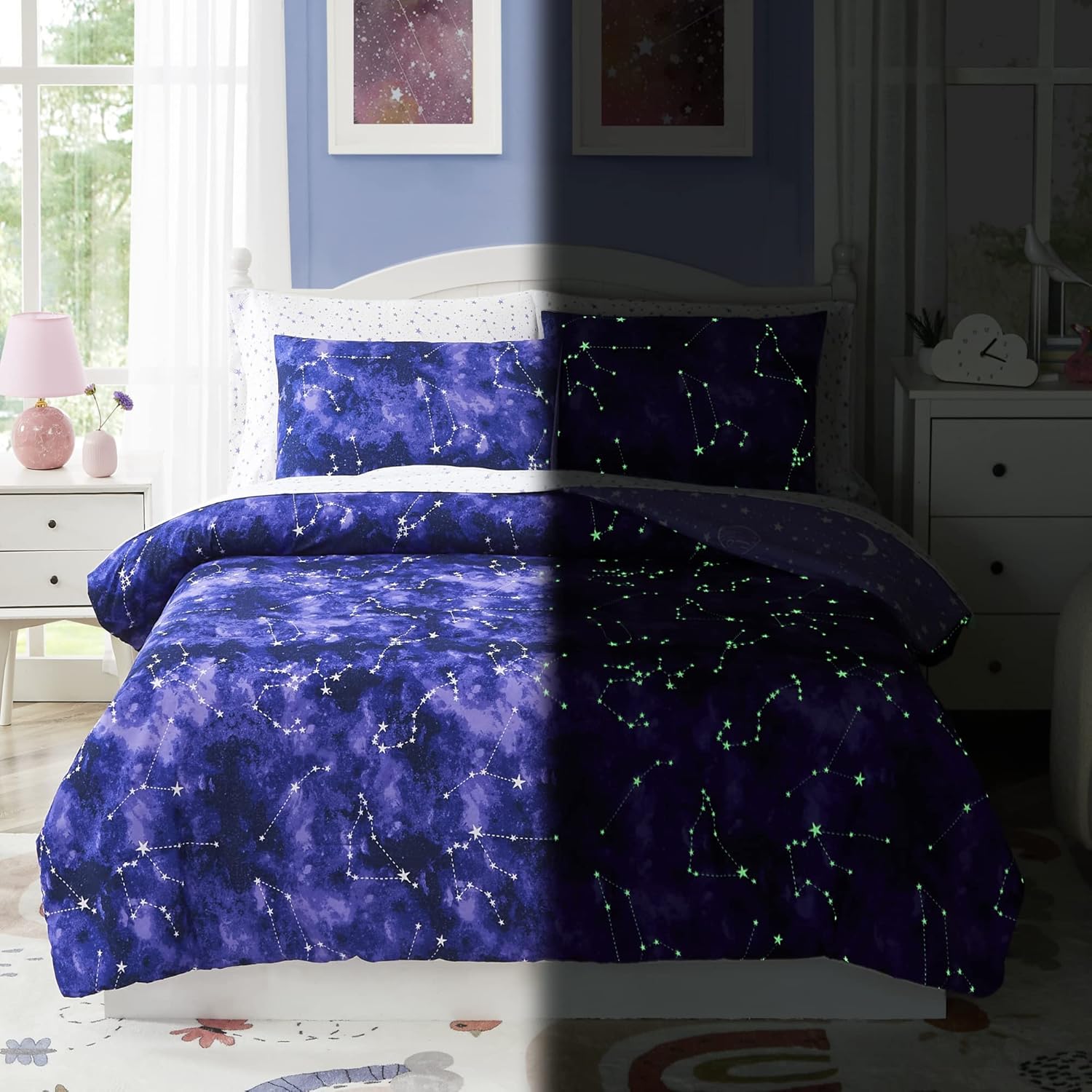 Twin Kids Comforter Set with Glow in the Dark Galaxy Design