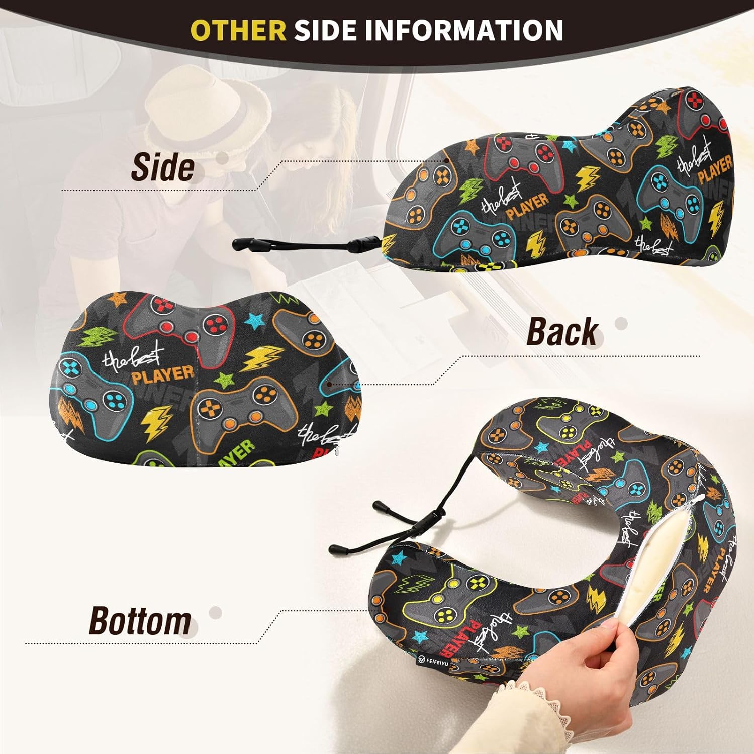 JIPONI Travel Pillow with Memory Foam and Snap Strap 1