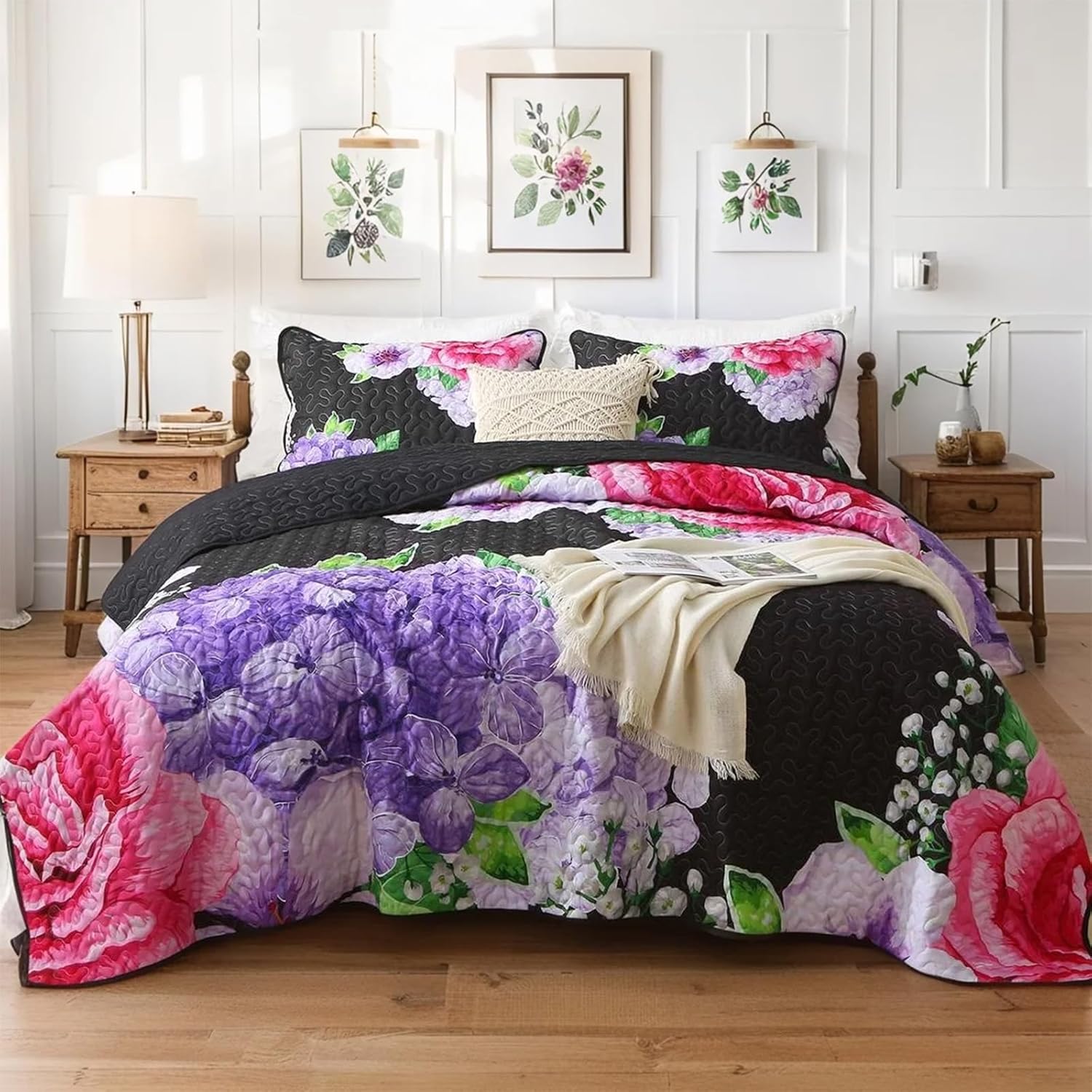Heymybed Black Floral Queen Quilt Set 3 Pieces