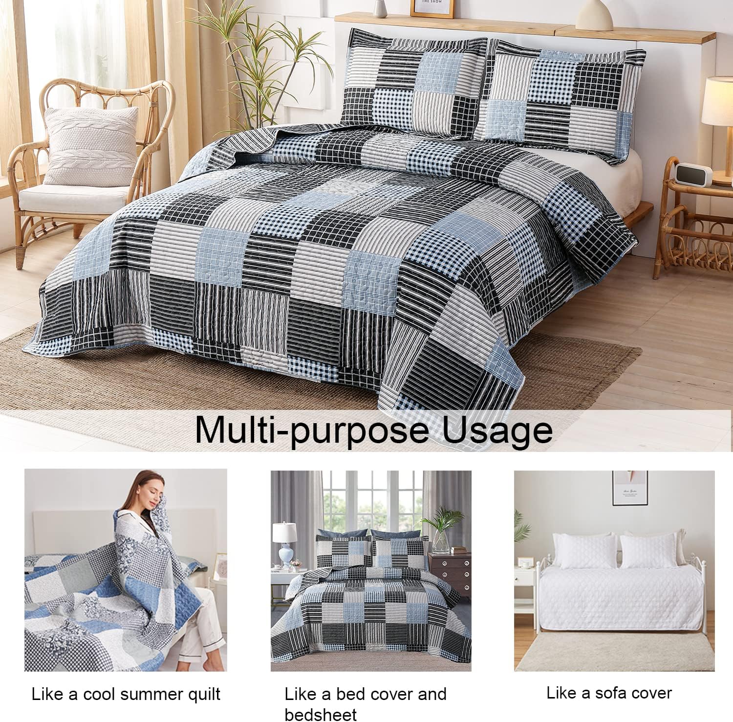 Ycosy Plaid Quilt Set Full Queen with 2 Pillow Shams