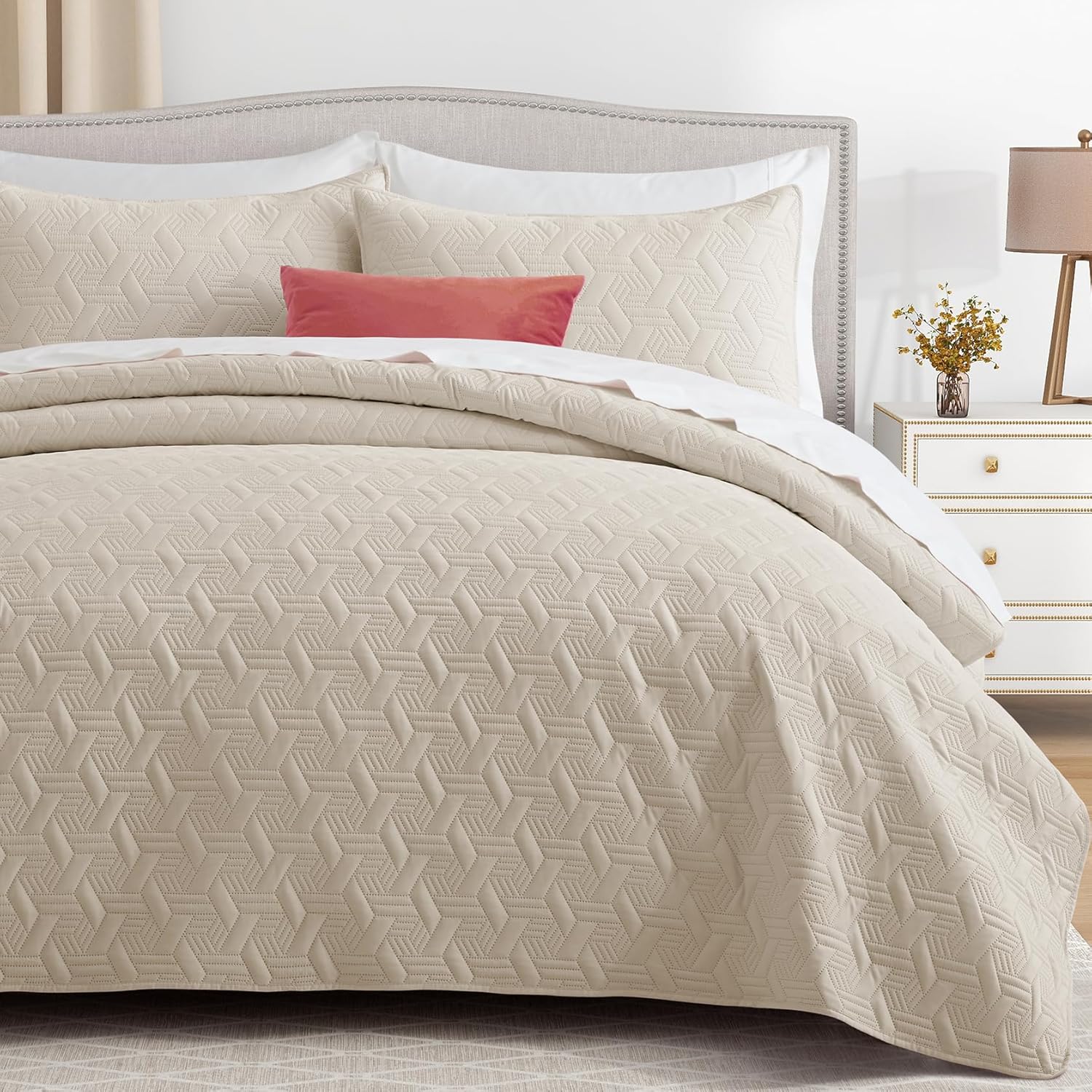 Lavsiry Beige Quilt Set - 3 Piece Full Queen Size Bedding