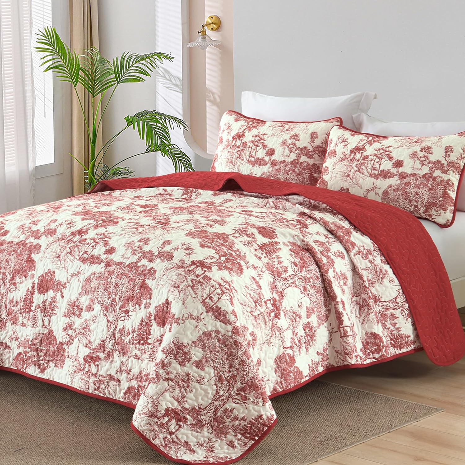 Wongs Bedding Botanical Quilt Set Queen Size Red 3 Pieces