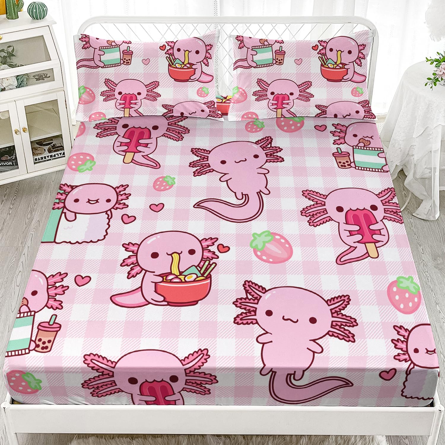 HOSIMA Pink Axolotl Fitted Sheet Set Twin Size 1