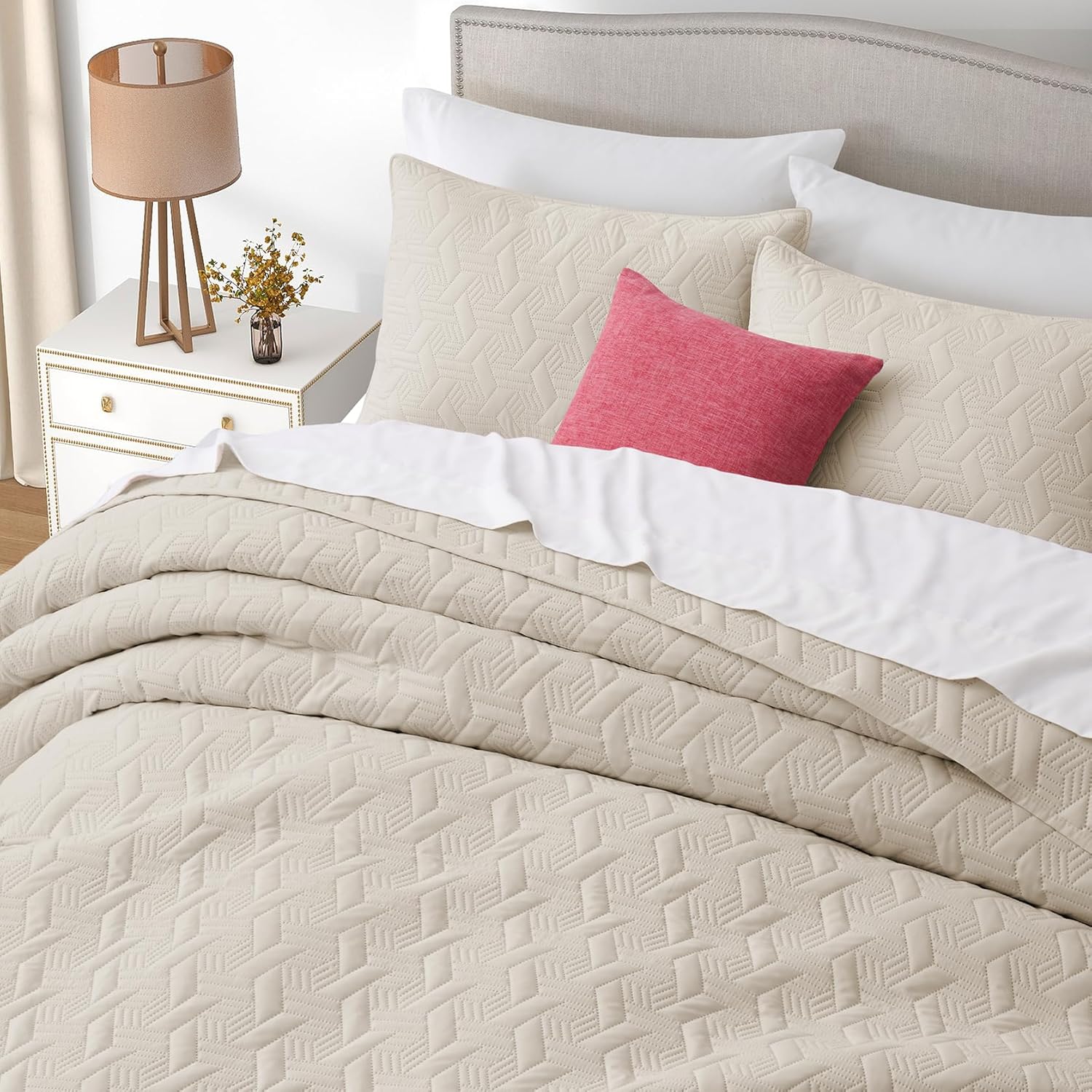 Lavsiry Beige Quilt Set - 3 Piece Full Queen Size Bedding