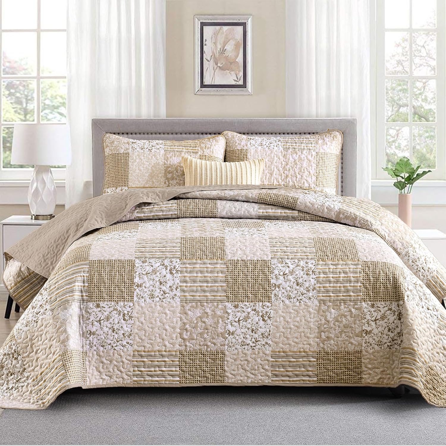 Mybedsoul Plaid Floral Quilt Set Queen Size 3 Pieces