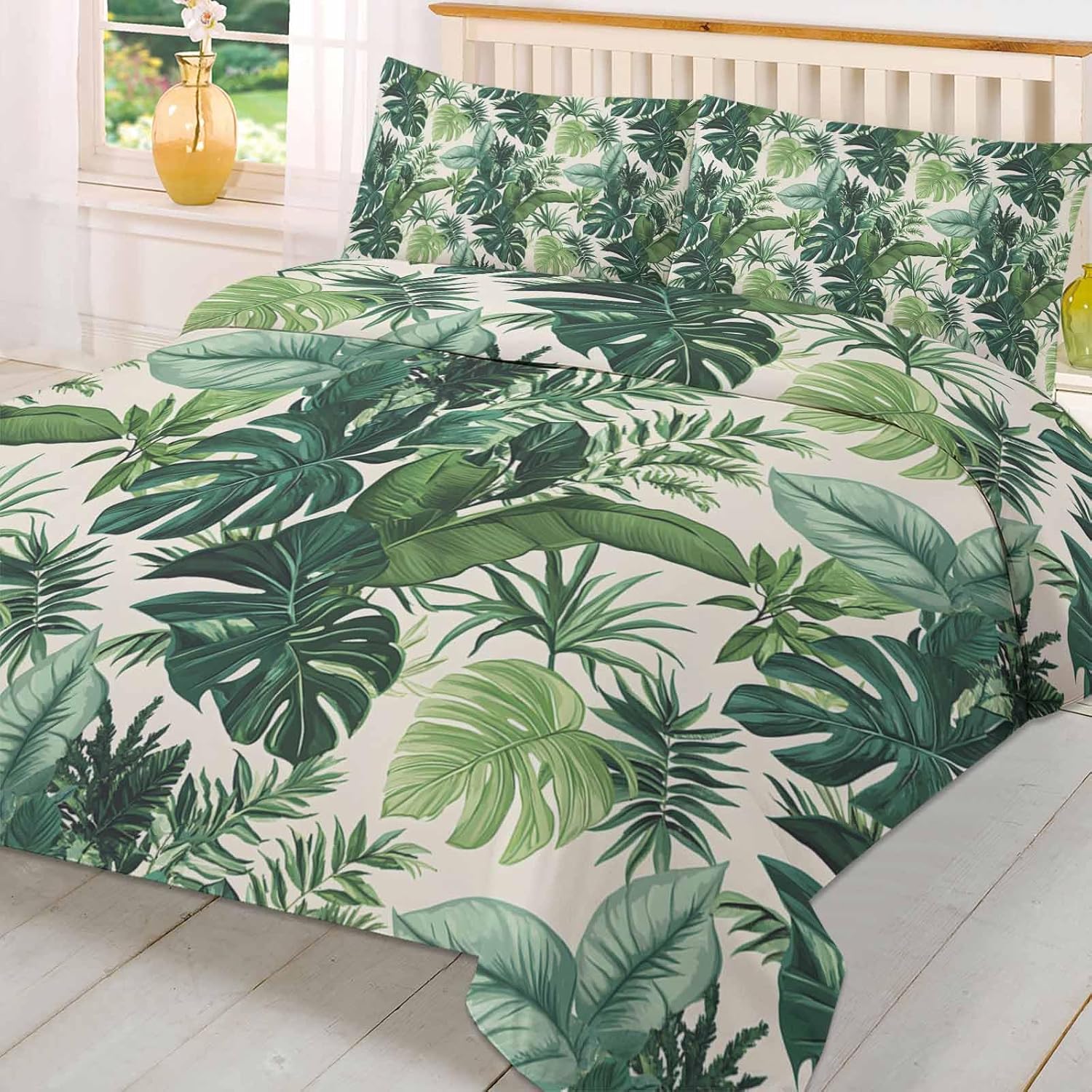 3 Piece Queen Bedding Set with Zipper Green Palm Leaf Design